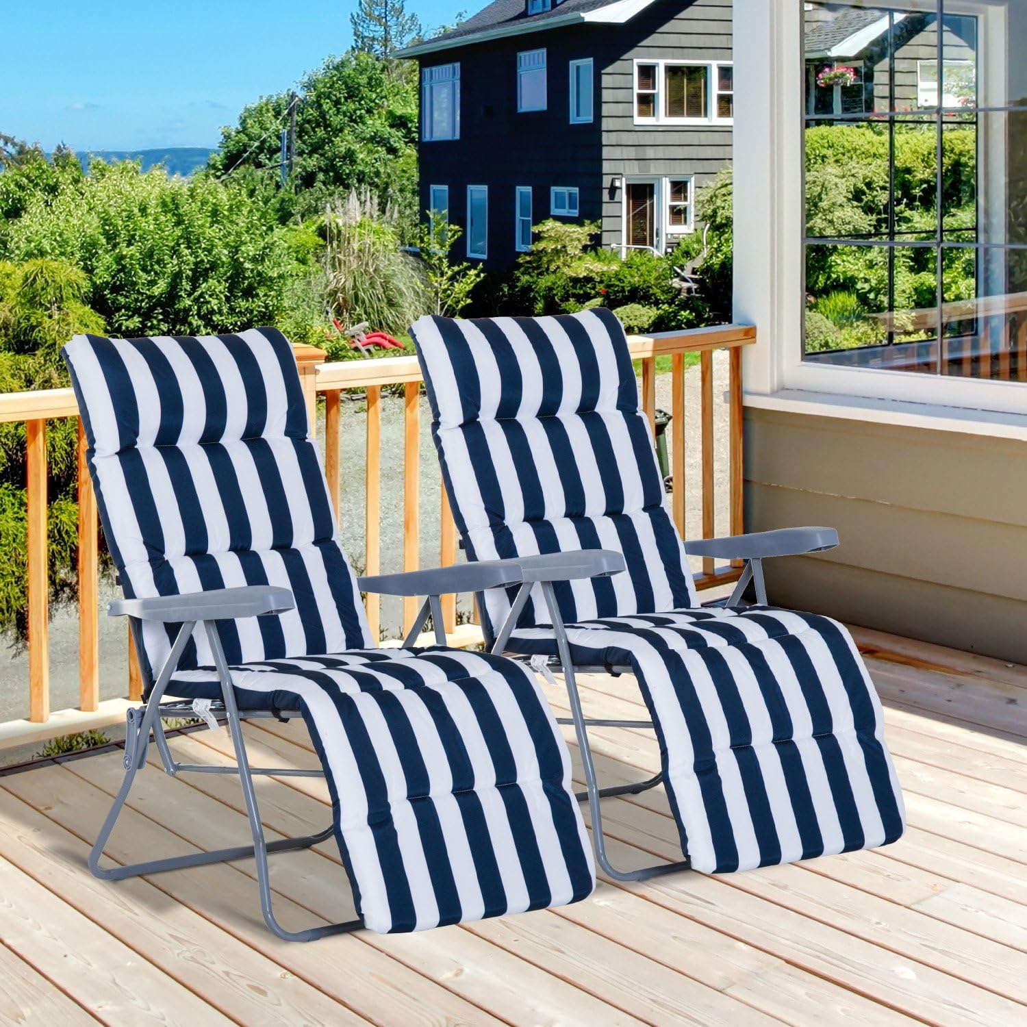 Pack de 2 Tumbonas Acolchadas Plegables y Reclinables con Reposapiés para  Playa o Camping - Azul y Blanco - Acero - 58x90x110cm: Amazon.es: Jardín