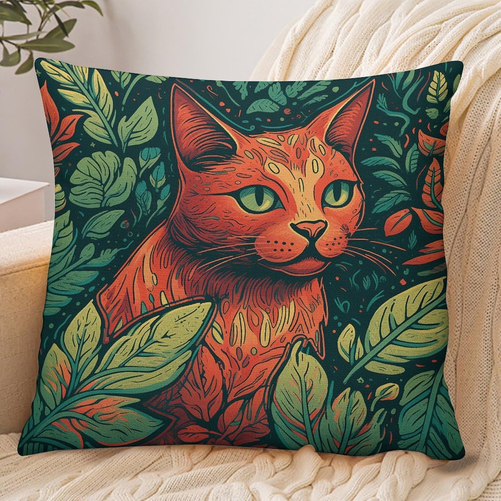 Fekiloot Style Green Leaf Cat Pillowcase Pillow Sham Pillow Case