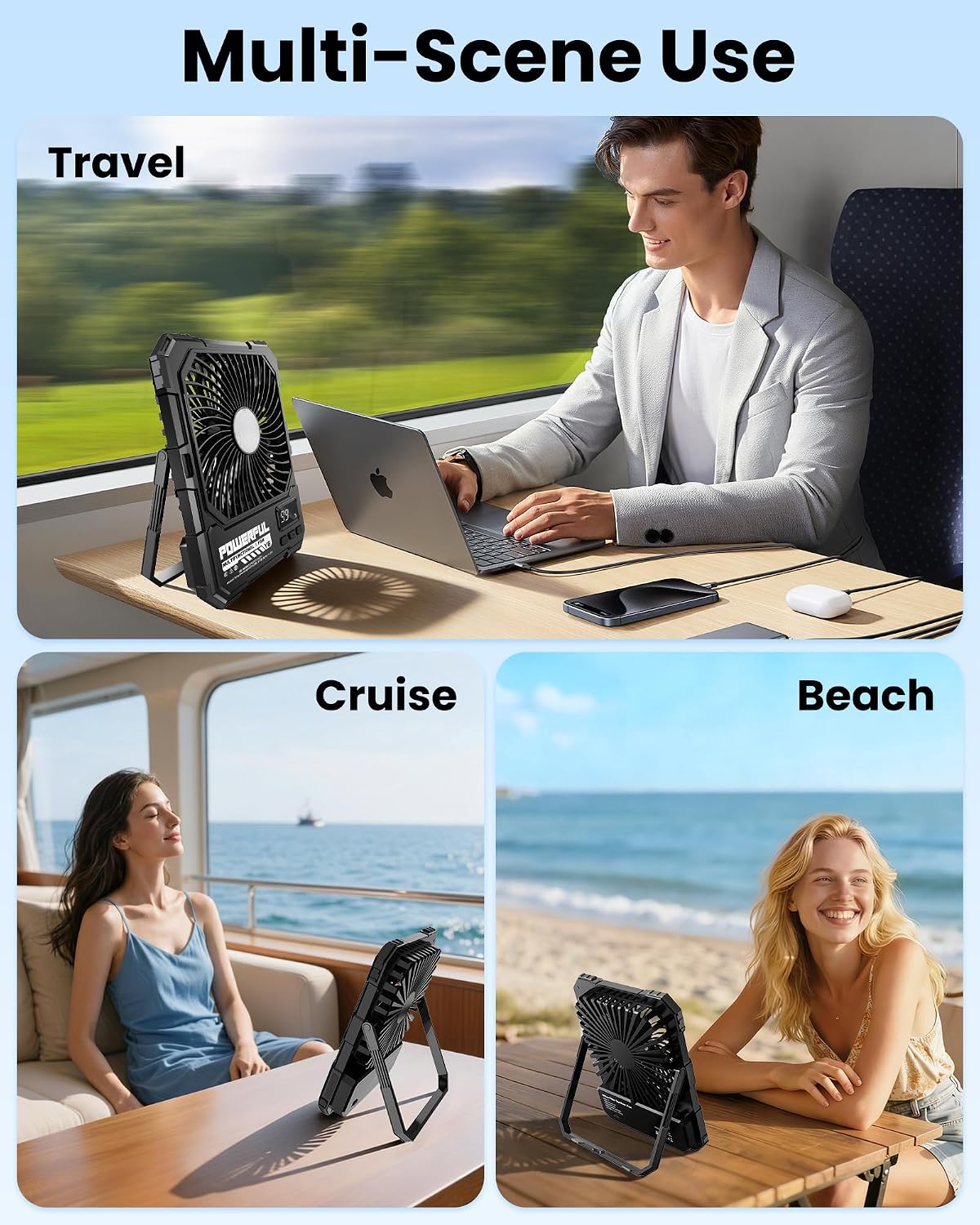 20000mAh Battery Powered Fan, Ultra-Slim Portable Camping Fan, Cordless Rechargeable Desk Fan, 4 Speeds LED Light for or Bedroom, Outdoor, Tent, Travel（(Black, 20000mAh)）