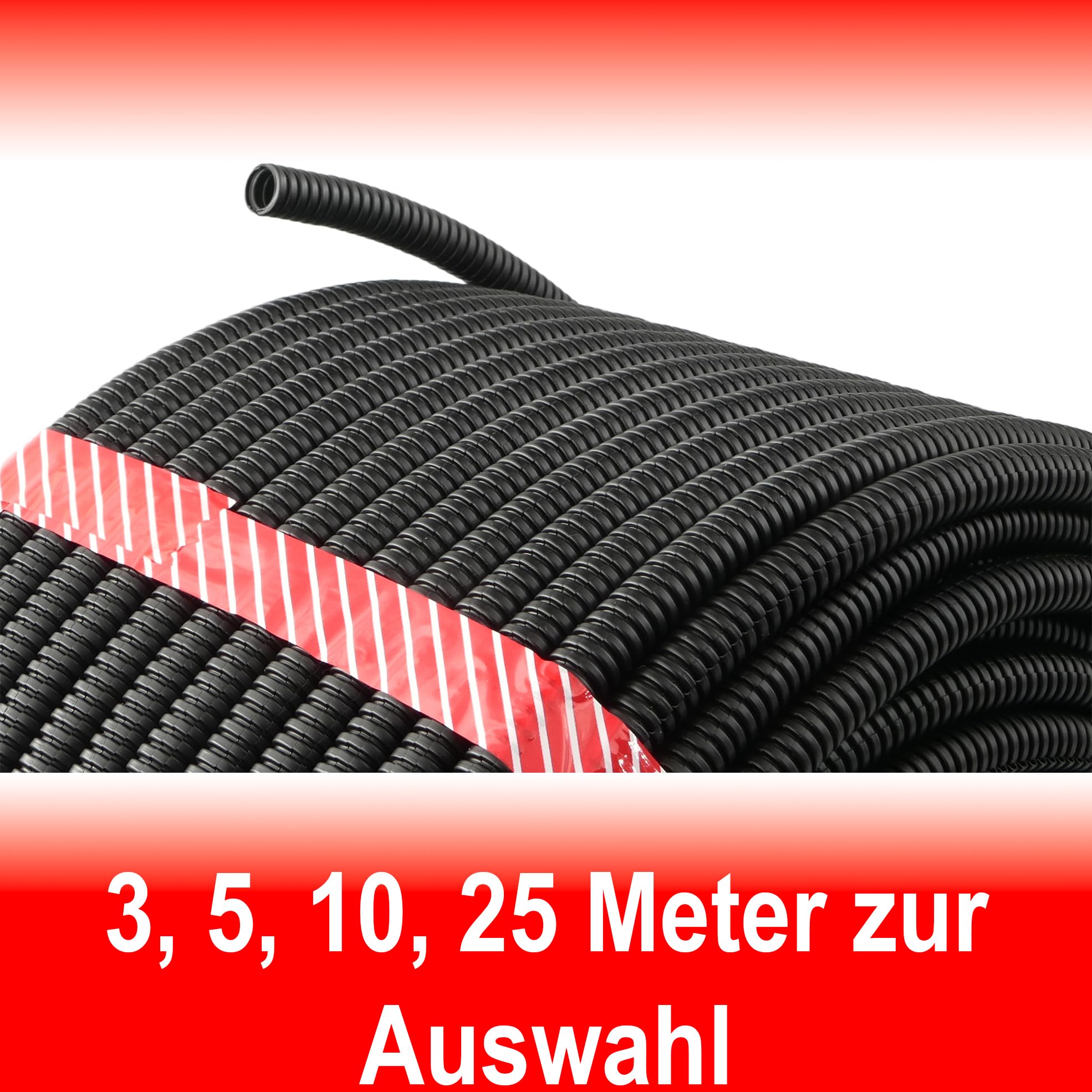 25 Meter Wellrohr geschlitzt Schutzrohr Leerrohr Ø Innen 21,0mm / Ø Aussen 25,0mm | Schwarz | UV Beständig | Bis -40 bis 105°C | schwer Entflammbar | verschiedene Größen u. Längen