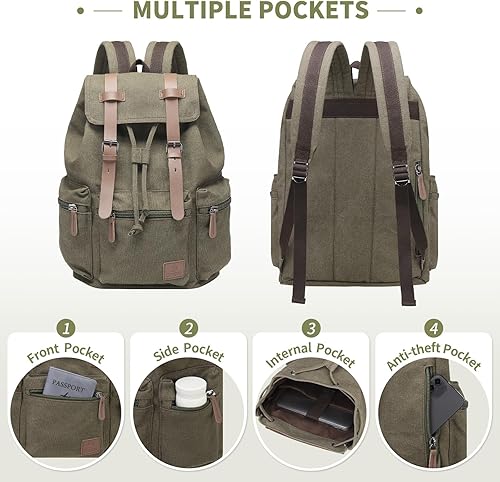 Miniatura 4 de Mochila de lona vintage para hombres y mujeres, mochila casual duradera con acento de cuero, se adapta a la universidad, trabajo, viajes y al aire