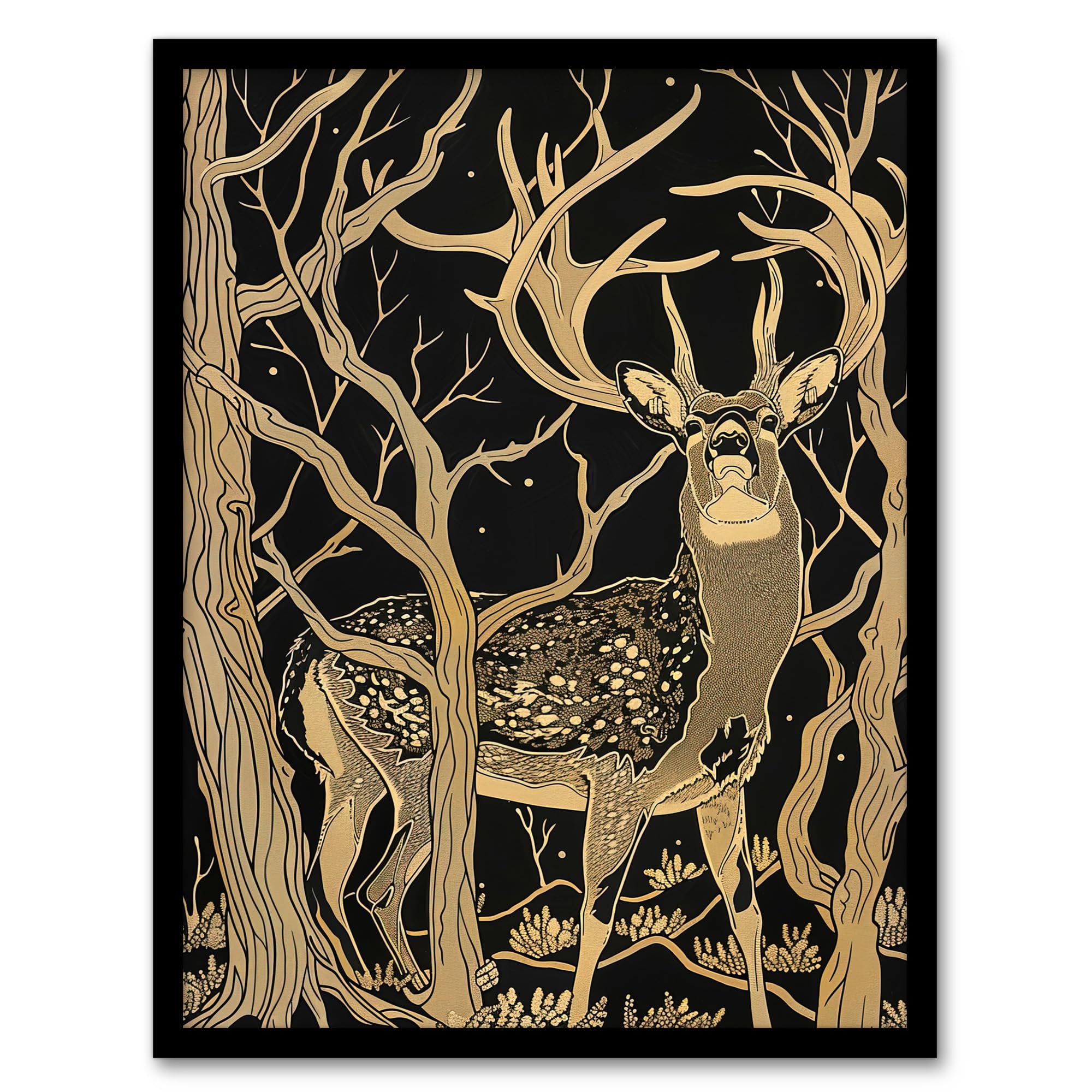 Artery8 Deer Forest Tree Tan Brown Landscape Living Room Artwork Framed Wall Art Print 18X24 Inch