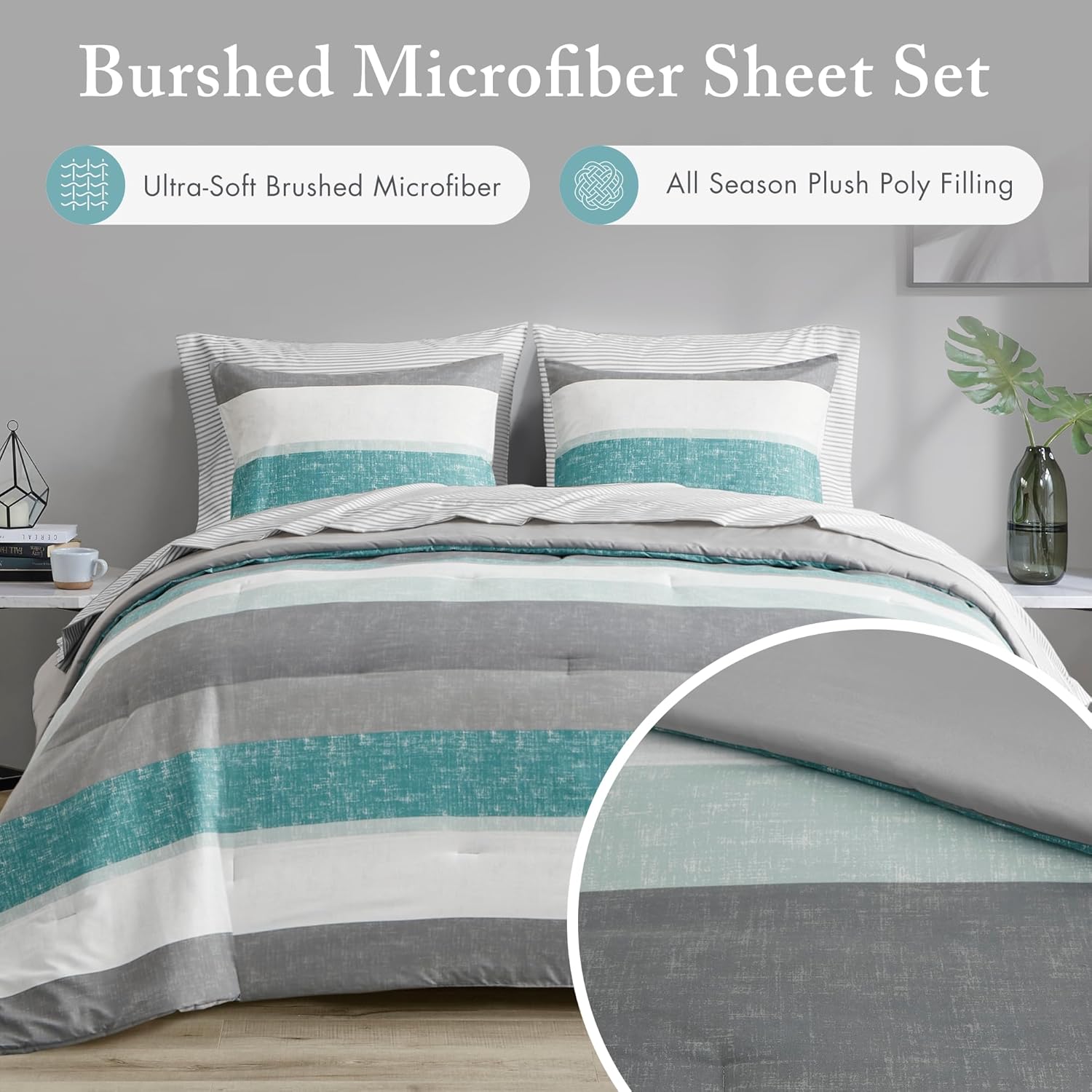 Madison Park Essentials Full Comforter Set, Bed in A Bag Comforter & Sheet Set, Modern Casual Stripes Print, All Seasons, Soft Microfiber Bedding Makeover, Matching Shams, Full Aqua/Grey 7 Piece