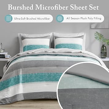 Madison Park Essentials King Comforter Set, Bed in A Bag Comforter & Sheet Set, Modern Casual Stripes Print, All Seasons, Soft Microfiber Bedding Makeover, Matching Shams, Cal King Aqua/Grey 7 Piece