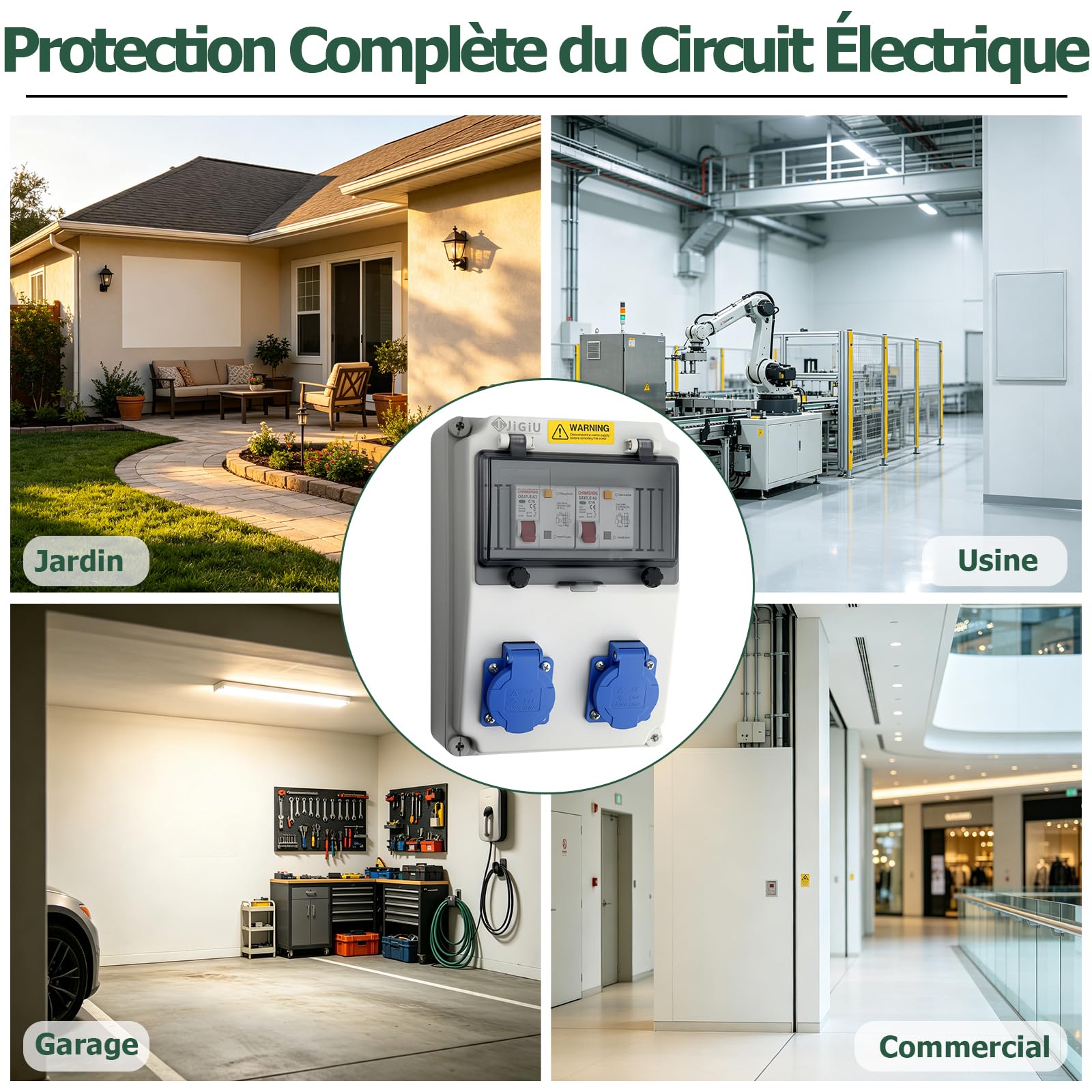 JiGiU Coffret Électrique de Chantier, 2 Prises Schuko, Disjoncteur FI+LS