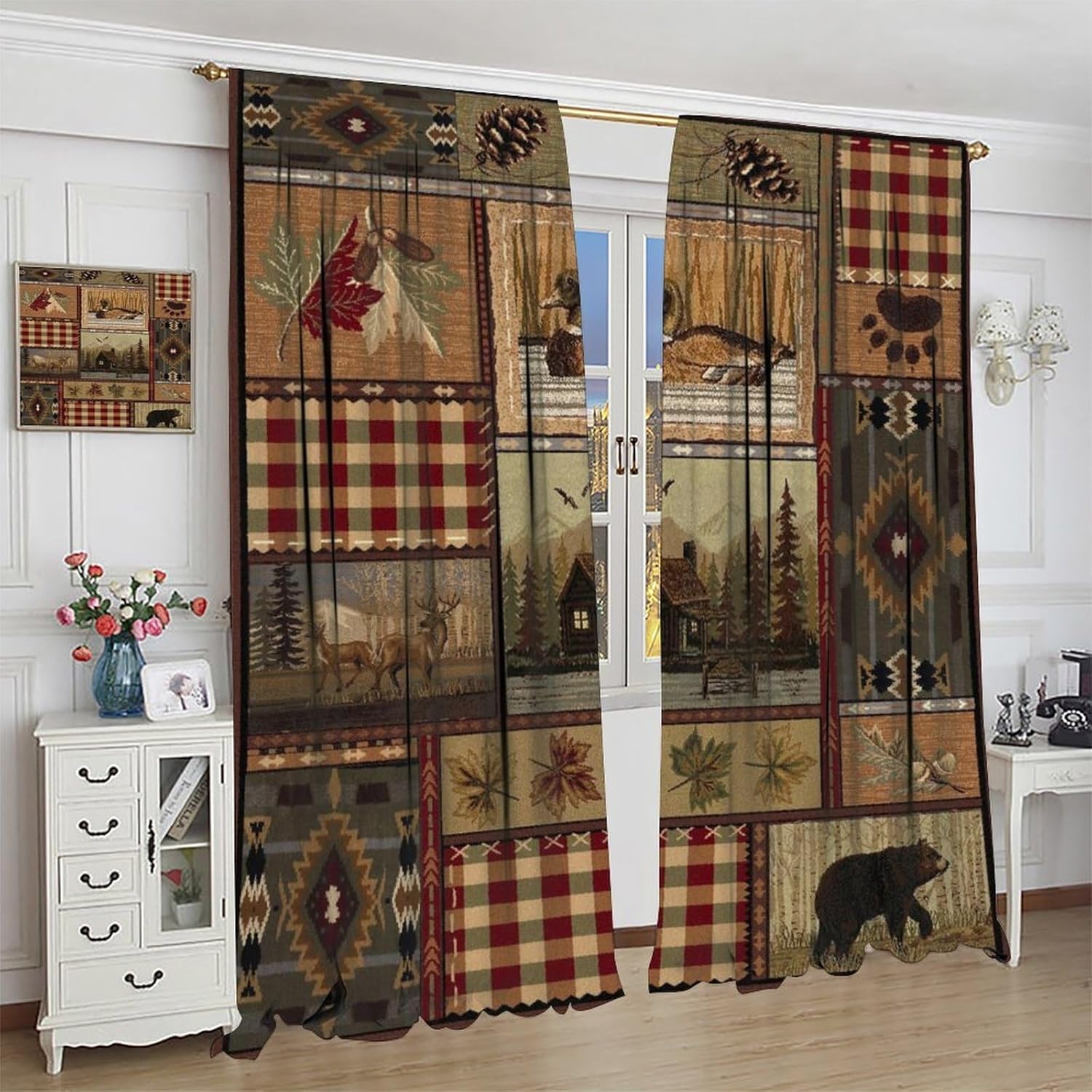 Rustic Cabin Curtain, Country Lodge Bear Deer Wildlife Fall Forest Animal Pattern Blackout Window Treatments, Rod Pocket Thermal Insulated Drapes 2 Panel Sets for Bedroom Living Room, 42"W X 45"L
