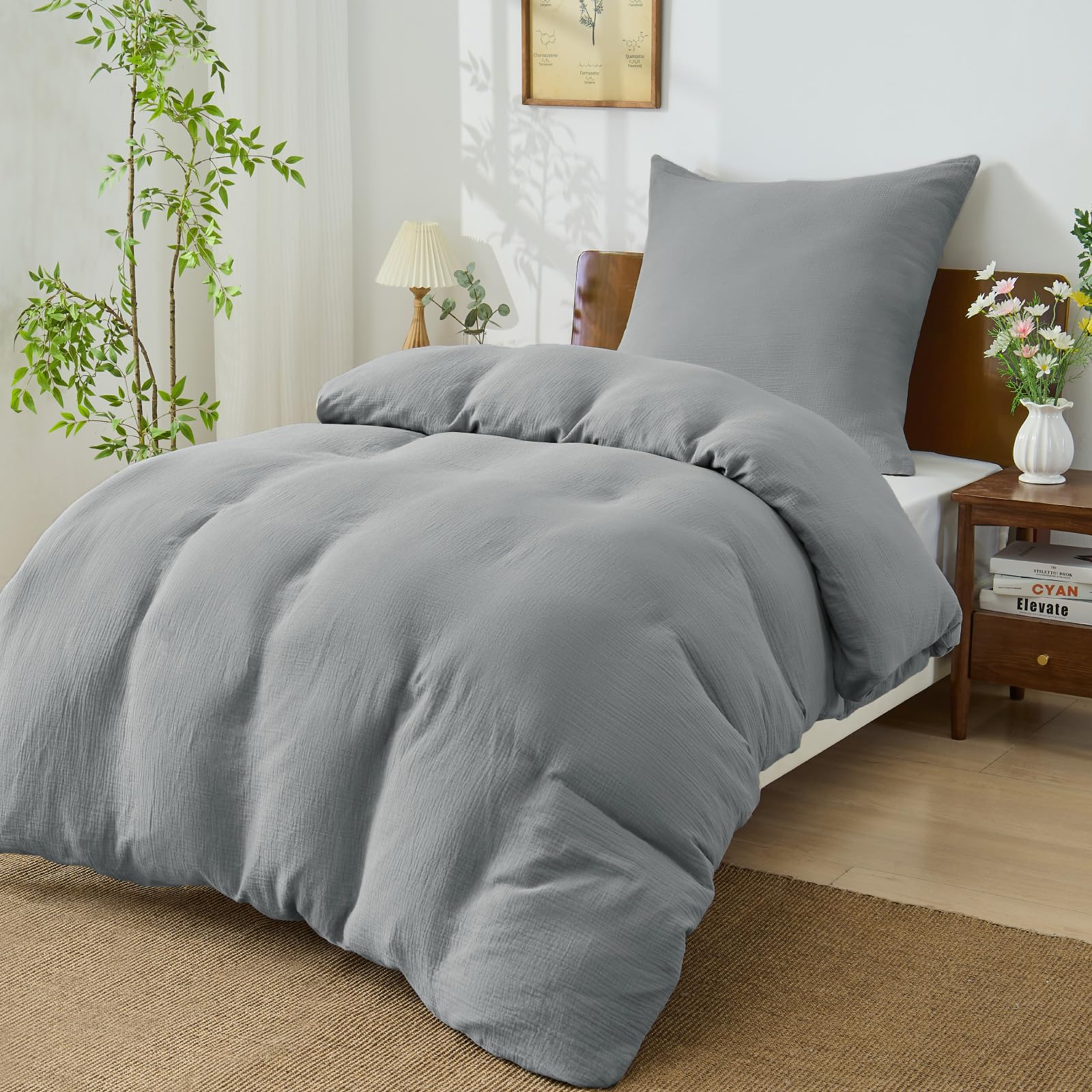 BEDELITE Musselin Bettwäsche 135x200 Baumwolle - ÖKO-TEX Bettwäsche-Sets Grau 2teilig mit Reißverschluss, Bettbezug 135x200cm mit Kissenbezug 80x80 cm, weiche und atmungsaktiv