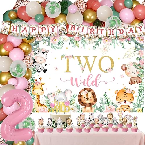 Decoraciones de segundo cumpleaños con temática de selva para niña, kit de arco de globos rosa polvoriento y verde salvia con dos decoraciones de
