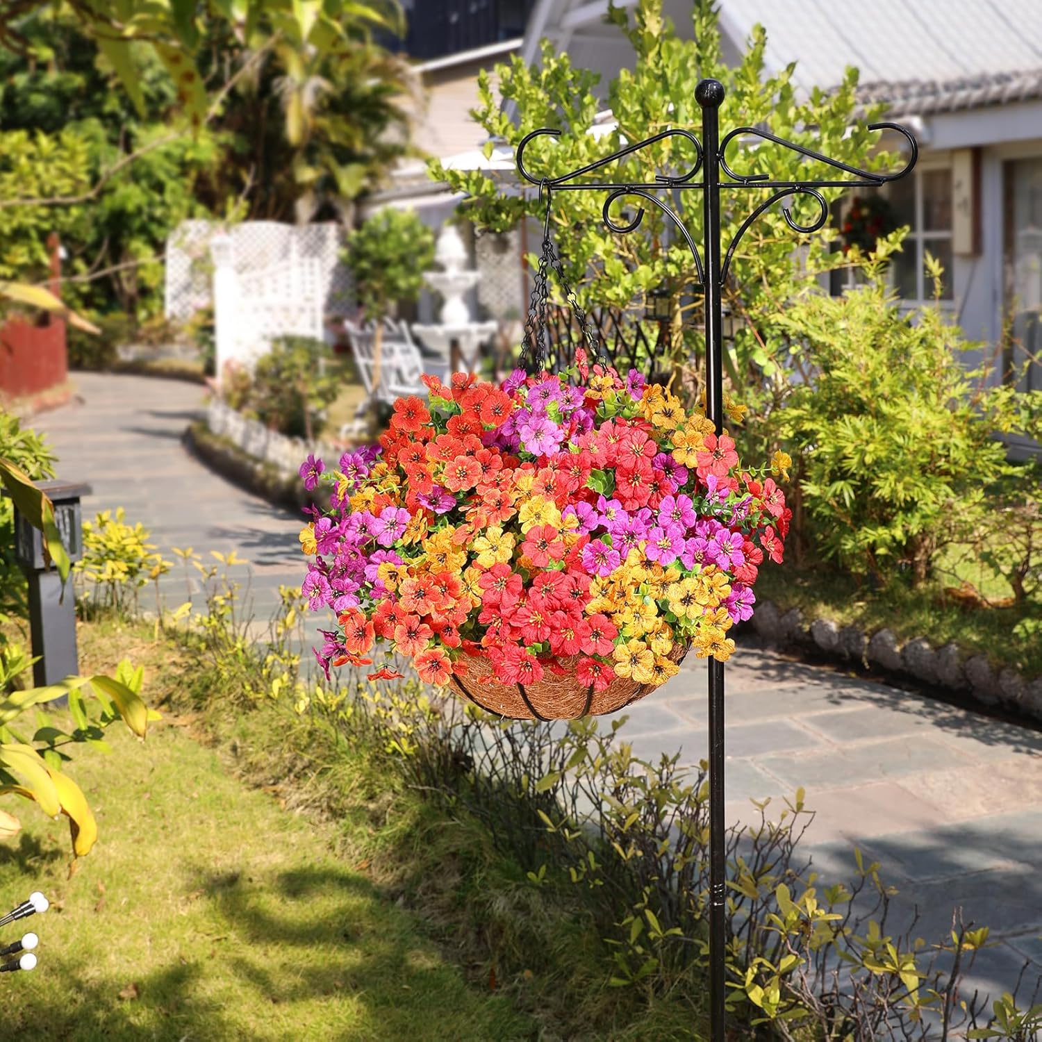 2 Set Artificial Flowers Hanging Plants in Basket,Artificial Hanging Flowers for Outdoor Indoor Decor,UV Resistant hanging Baskets with Fake Flowers for Spring Summer Patio Garden Porch Deck Decor - Image 9