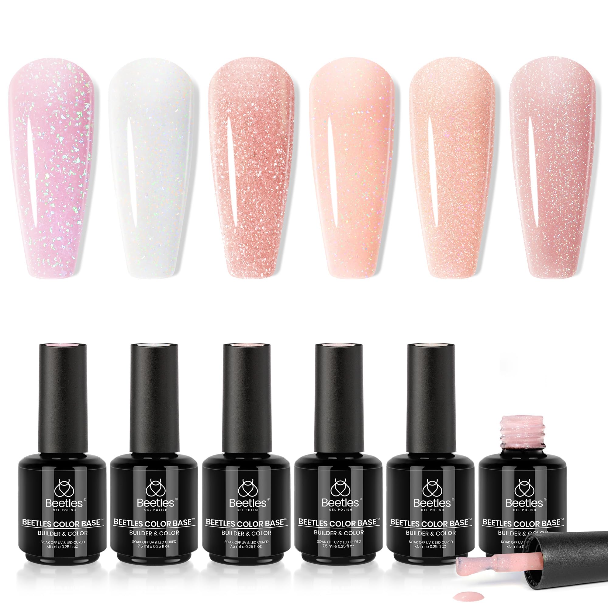 Beetles Rubber Base Color Gel Nail Polish Set 6 Colors Glitter Nude Pink Color Base 5 in 1 White Gel Polish Strengthener for Thin Nails Soak Off U V