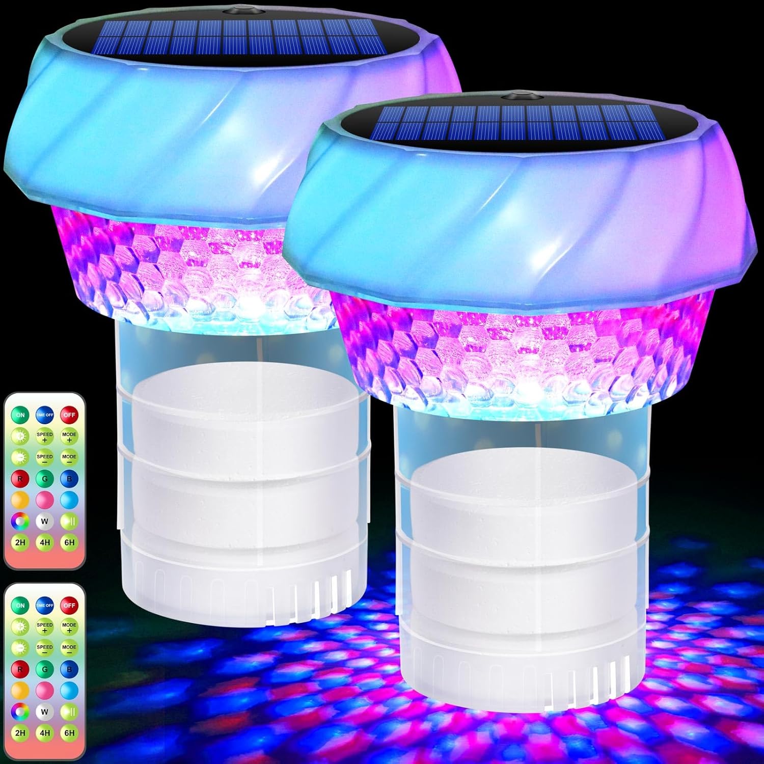 Solar Pool Chlorine Floater 2 Pack Adjustable Release Swimming Pool Chlorine Tablet Floater with Color Changing Floating Dispenser with Romote Control and Timer IP68 Waterproof