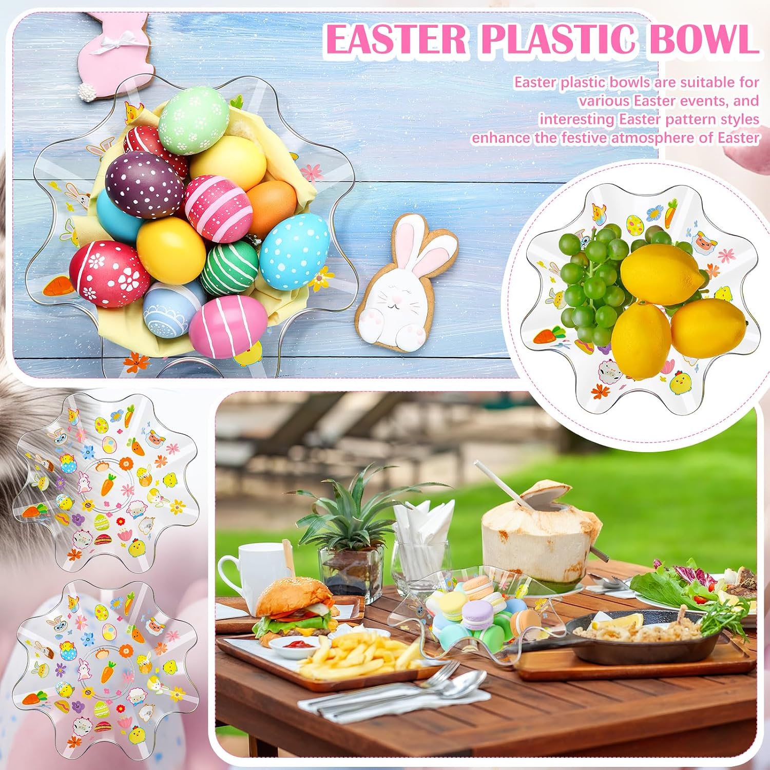 Tioncy 4 Pcs Easter Bowls Egg Serving Plastic Candy Dish Bowl 8.3 Inches Easter Snack Tray for Holiday Spring Themed Party Tableware Supplies Decoration image 4