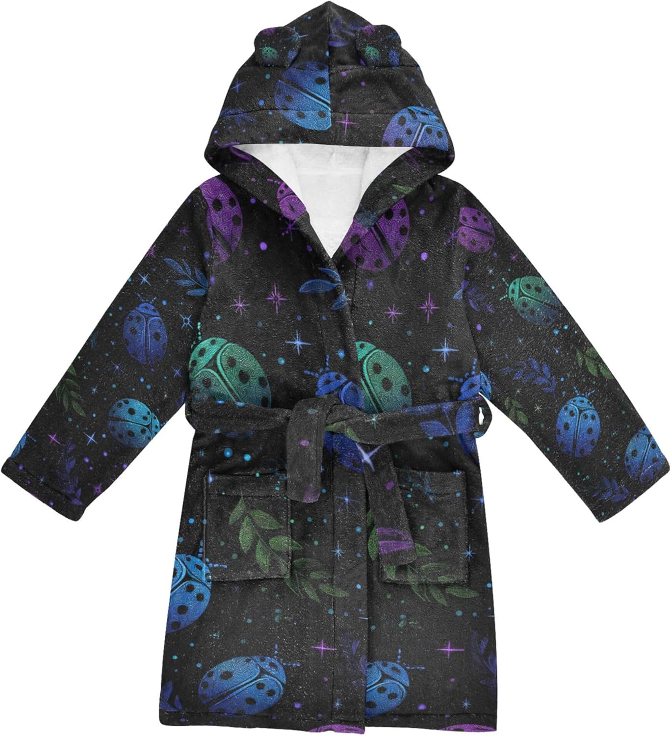 Neon Blue Green Purple Ladybugs and Stars Bathrobe Hooded PJ Robe Soft Fleece Robe Pajama Sleepwears 2-12 Years