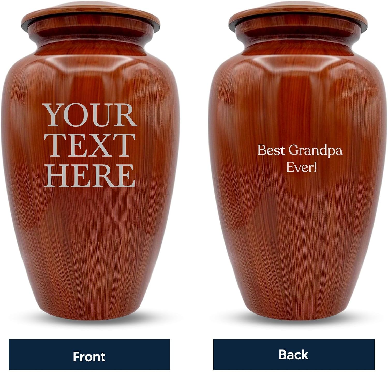 Custom Human Cremation Urn Metal Vessel for Adult Cremains with Painted Wood Finish | Personalized Your Own Text or Design | 200 Cubic Inch Capacity Urn for Remains | Brown