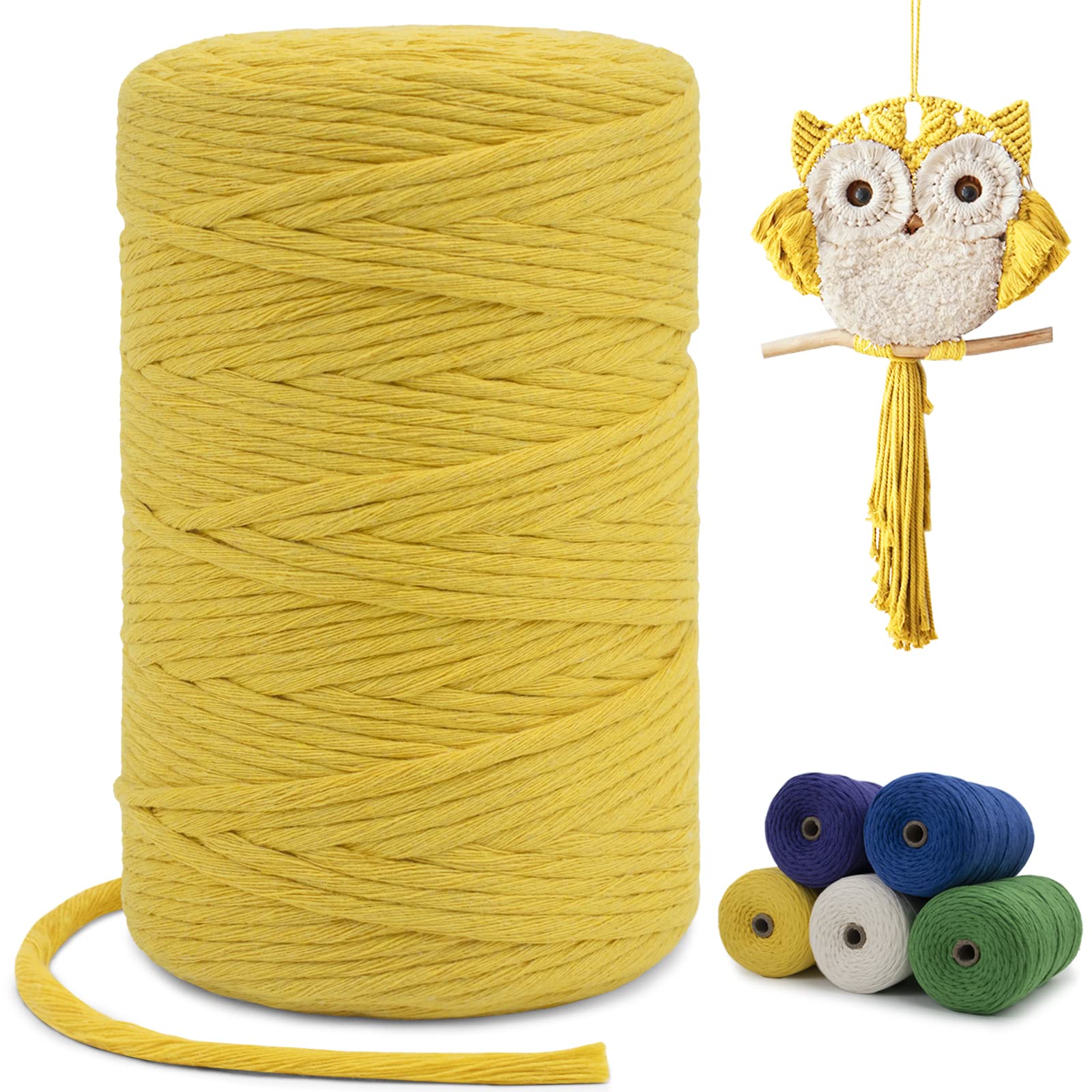 LEREATI Macrame Cord 3mm x200m, Thick Cotton Macrame Rope Yarn, Natural Craft Rope for Plant Hanger, Wall Hanging, DIY Crafts, Decorations (Lemon Yellow)