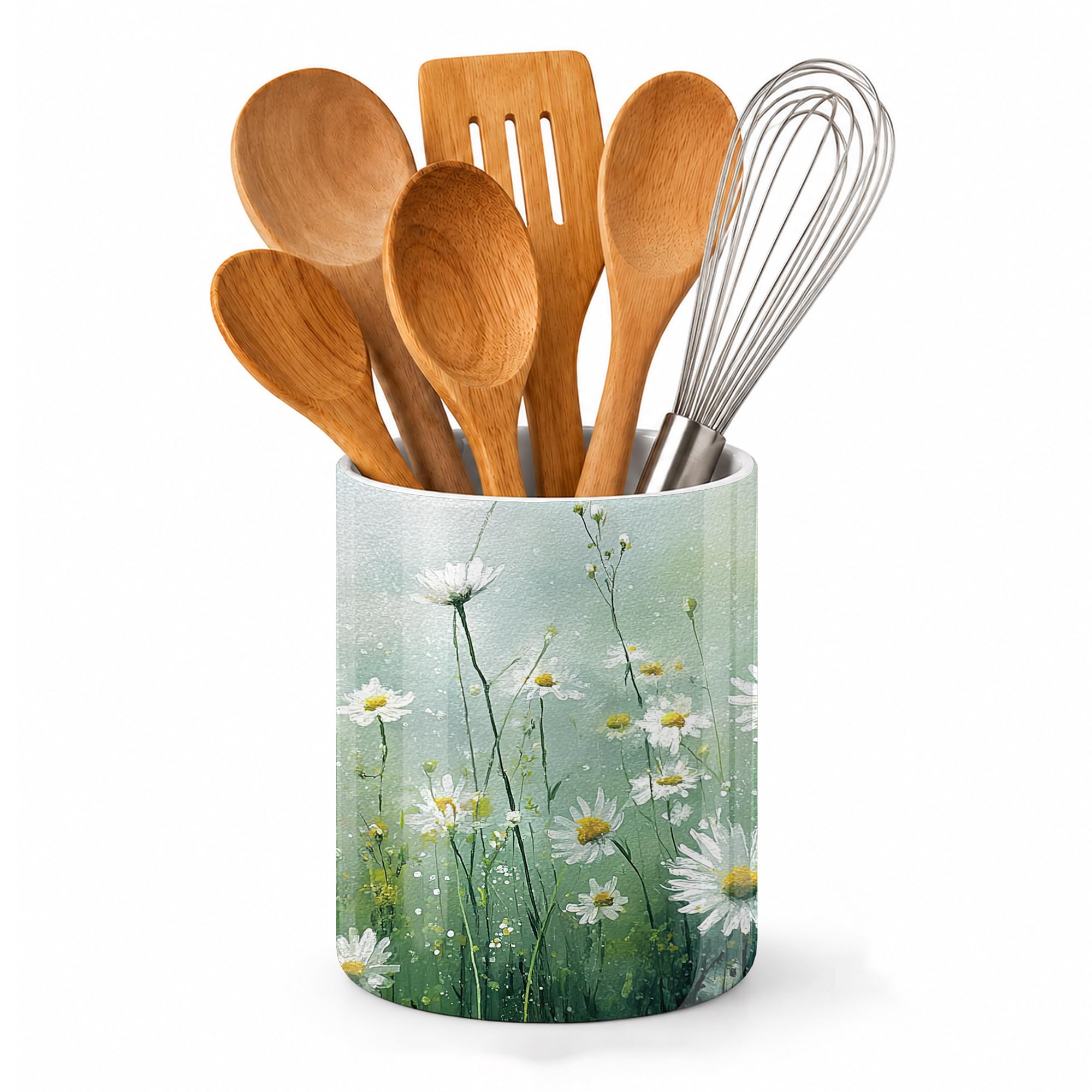 Axxitude Flowers Utensil Holder for Countertop,Daisy Floral Ceramic Utensil Crock Organizer for Home Kitchen Spoons,Spatulas and Cooking Tools