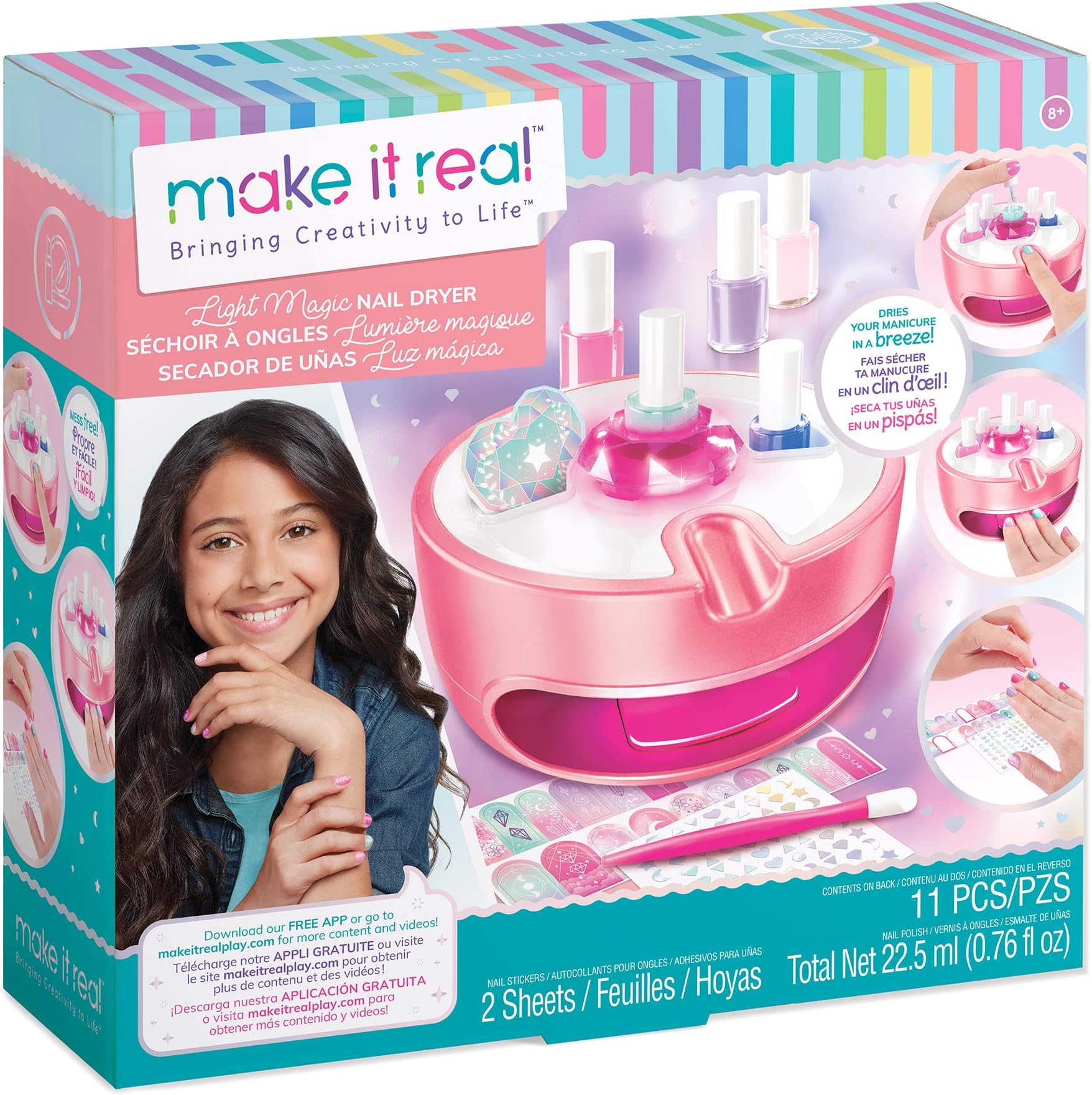 Light Magic Nail Dryer & Polish Set for Girls & Teens - 5 Vibrant Nail Colors, Art Stickers, Nail File, Cuticle Pusher & Dryer - Water-Based, Non-Toxic Polish Perfect Spa Day Manicures