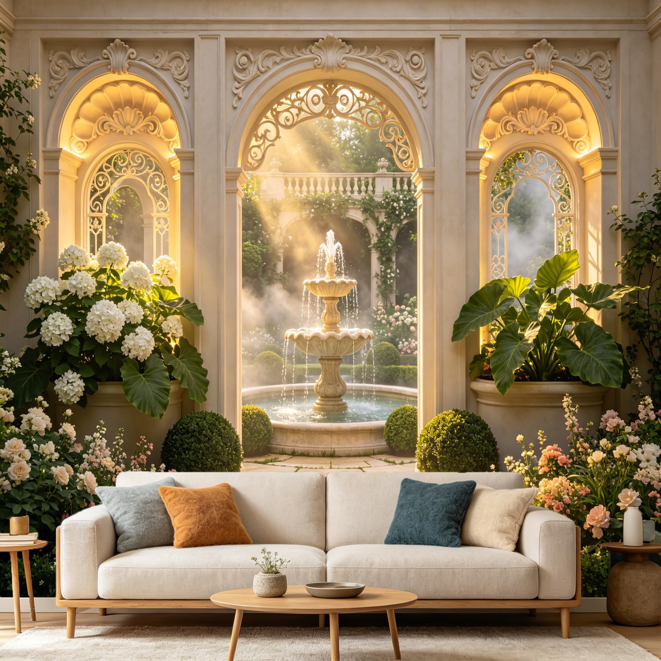 Custom Size Wall Mural， 3D Classical European Garden Fountain Sun Rays Floral Archway， SelfAdhesive Art Prints wall Fabric Removable Large Wallpaper Home Living Room Decor