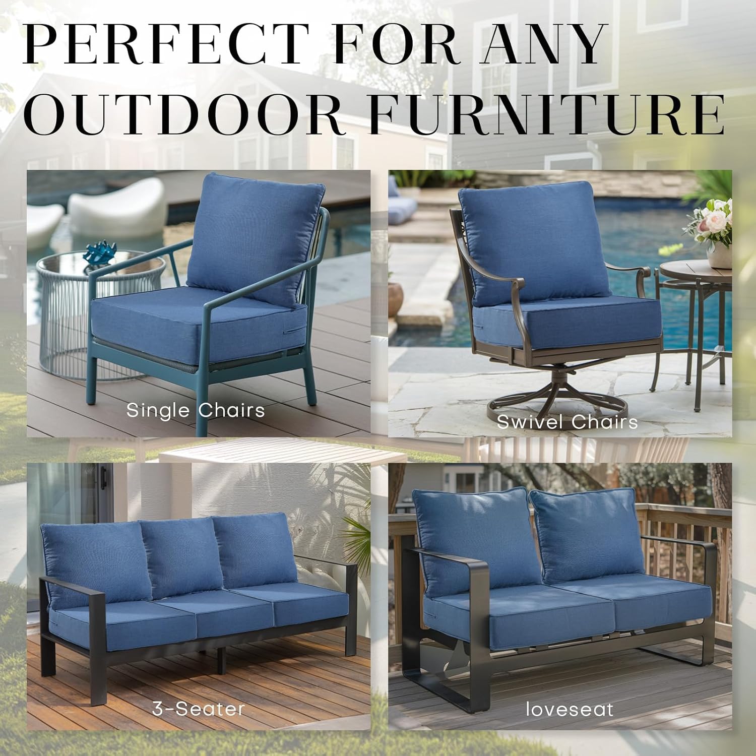 Rilyson Luxury Patio Cushions for Outdoor Furniture - 24×24 Inches High Back and Deep Seating Outdoor Cushion for Patio Chairs Sofa Couch Loveseat Water Resistant(Blue/2 Set/No Button)