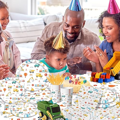 Miniatura 4 de Suministros para fiestas de cumpleaños de transporte, 142 piezas de platos de papel de transporte y servilletas para decoraciones de mesa,