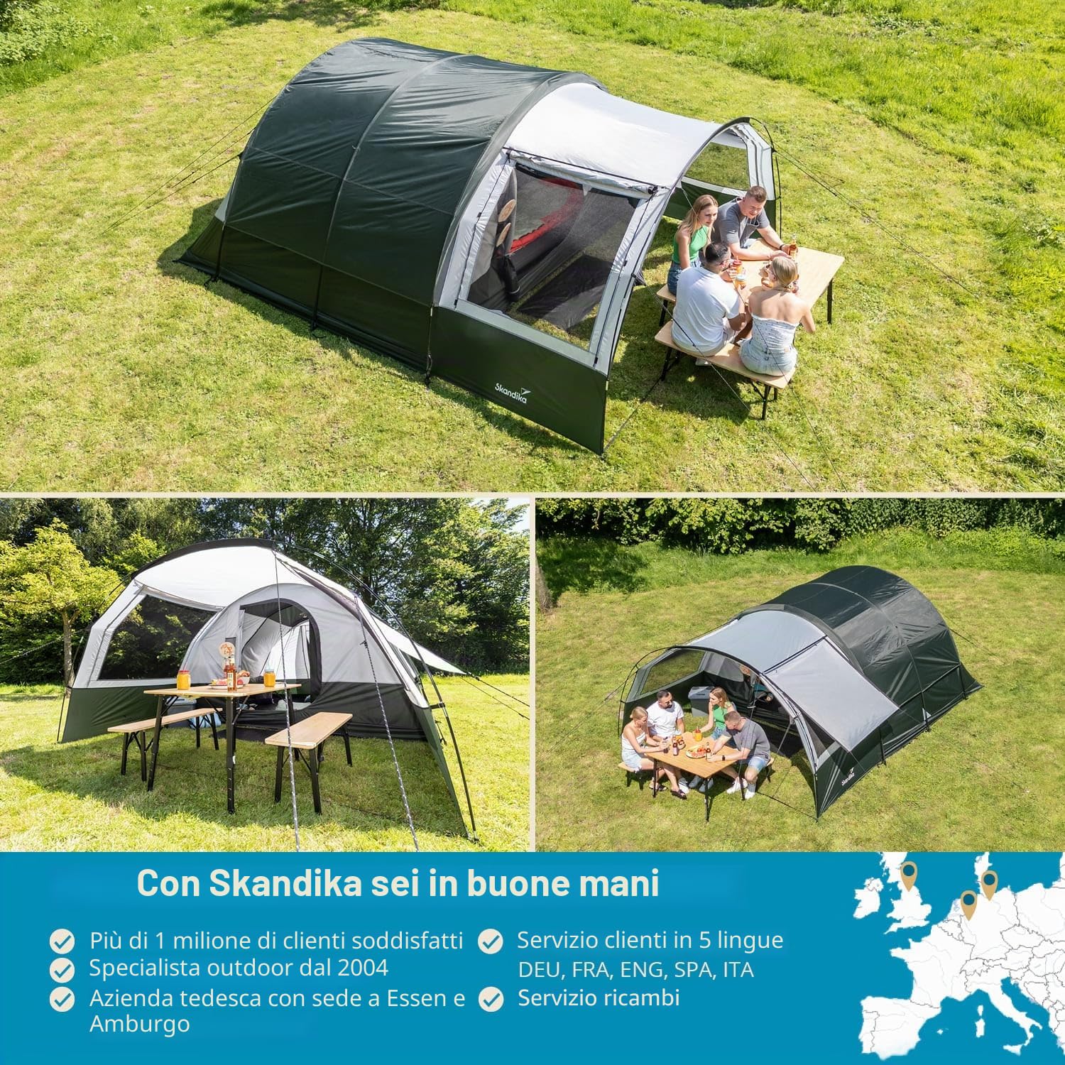 Skandika Indal 5 Tenda da campeggio tunnel | per 5 persone, tetto panoramico, con tettuccio, pavimento cucito, colonna d'acqua 3000 mm, zanzariera | tenda per famiglie, outdoor