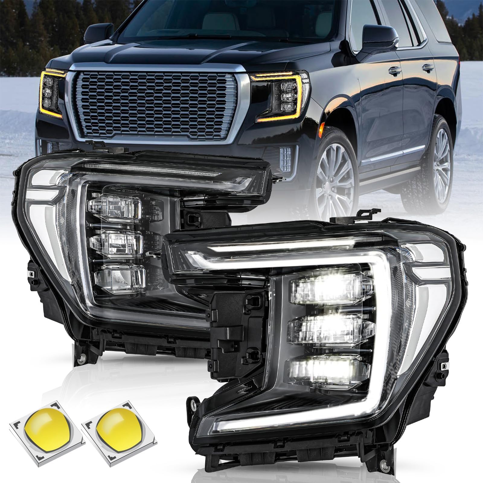 TUSDAR Full LED Headlight Assembly Set for 2021 2022 2023 2024 GMC Yukon/Yukon XL DENALI/AT4 OEM Headlamp Replacement Pair Driver and Passenger Side