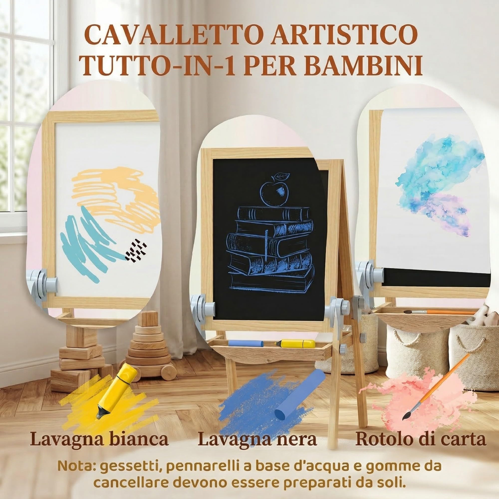 AIYAPLAY Cavalletto da Disegno per Bambini con Lavagna Doppia per Gesso e Pennarelli, Lavagnetta Magnetica, Vassoio Portamatite, Rotolo Carta Incluso, Legno Naturale