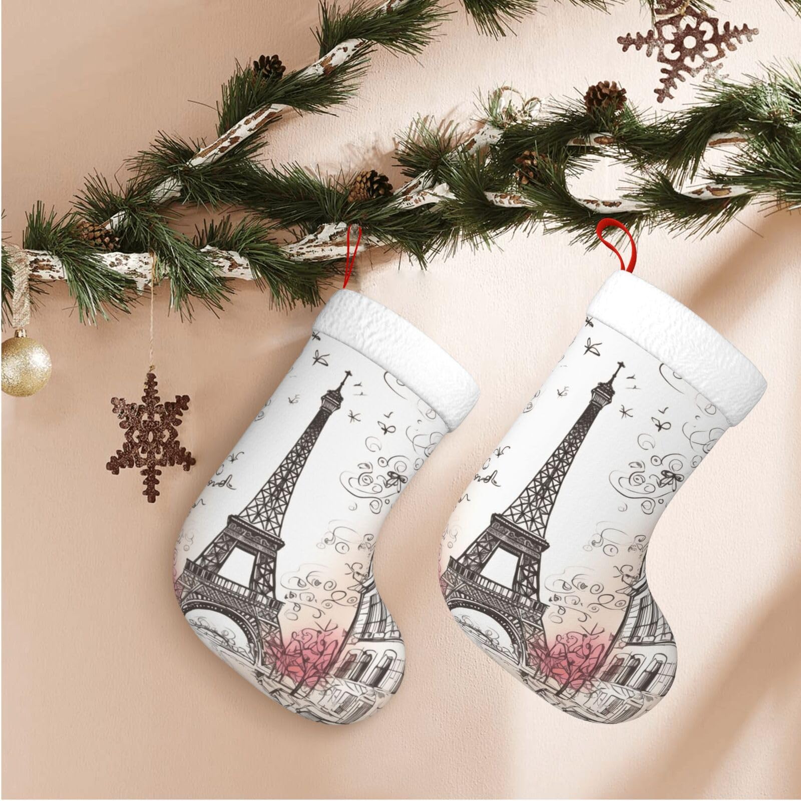 French Paris Tour Eiffel Tower Christmas Stockings Velvet Xmas Fireplace Hanging Stocking with Plush Cuff Rustic Christmas Santa Stockings for Home Christmas Decorations Party Favor Supplies