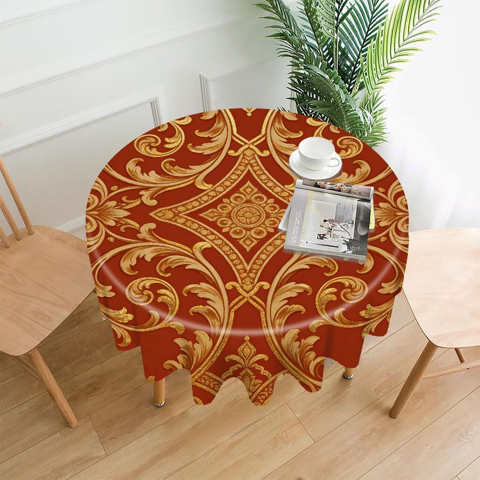 LDGSUPH Red Walls and Golden Vines Round Tablecloth Cover Washable Luxurious Fabric Table Cover Decor Wrinkle Free Fashion Round Table Cloth for Home Dining Kitchen Party 60 in