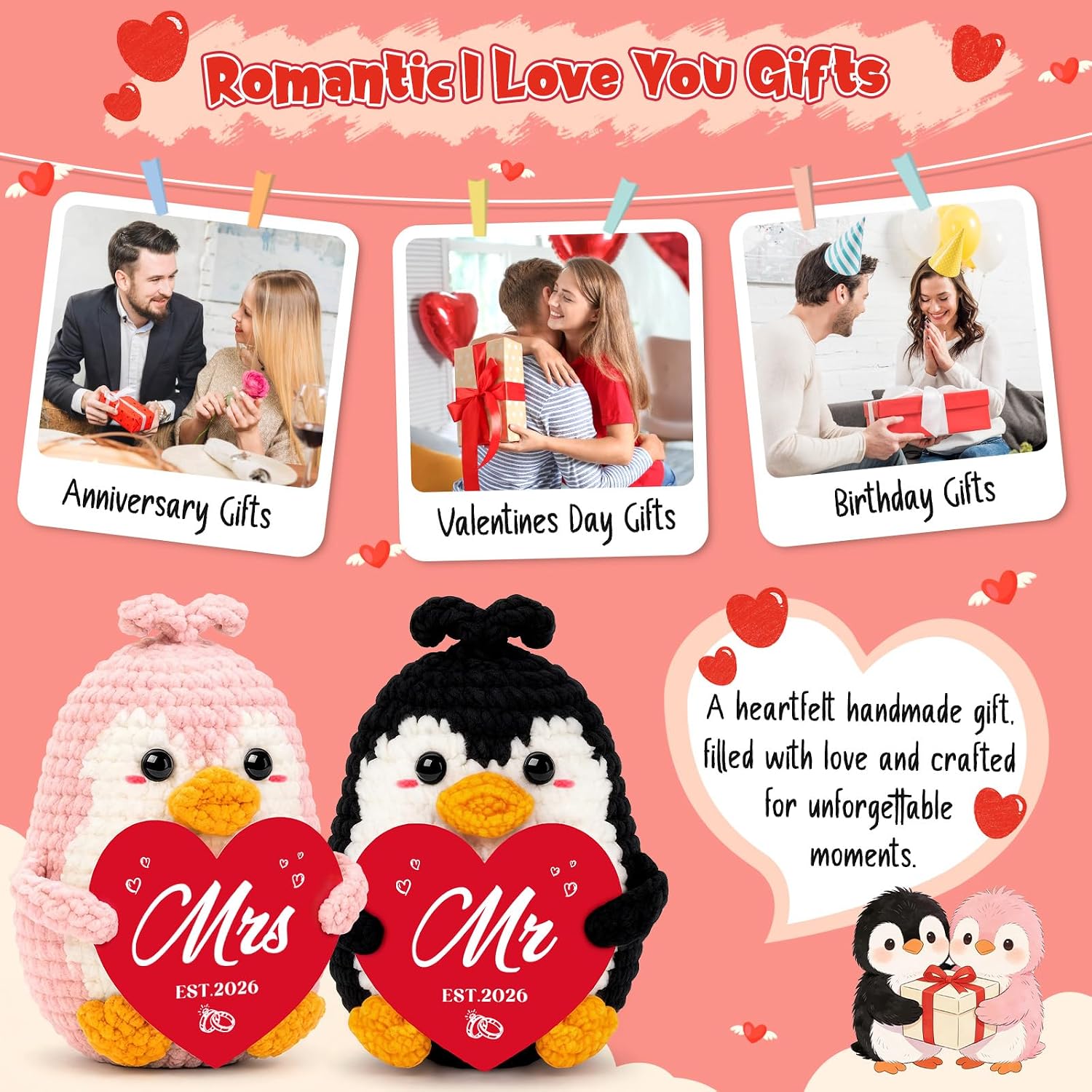 GevGuxLuo Mr Mrs Wedding Gifts for Couple Newleywed 2026, Mini Funny Handmade Penguin Couple, Romantic I Love You Gift for Women Men Wife Husband Anniversary Birthday Engagement