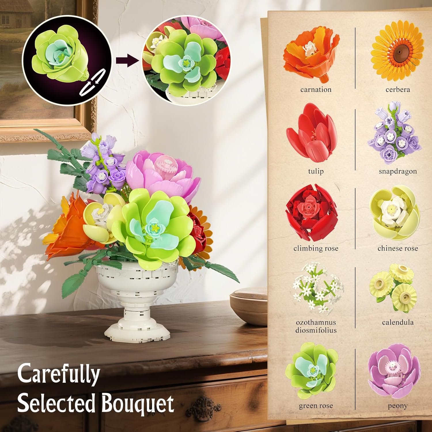 Botanicals Flower Arrangement Building Set, Classic Style Artificial Flower Building Set, Chrysanthemum Building Toy, Gift for Women - Valentine’s Unique Bouquet Collection for Adults - Image 3
