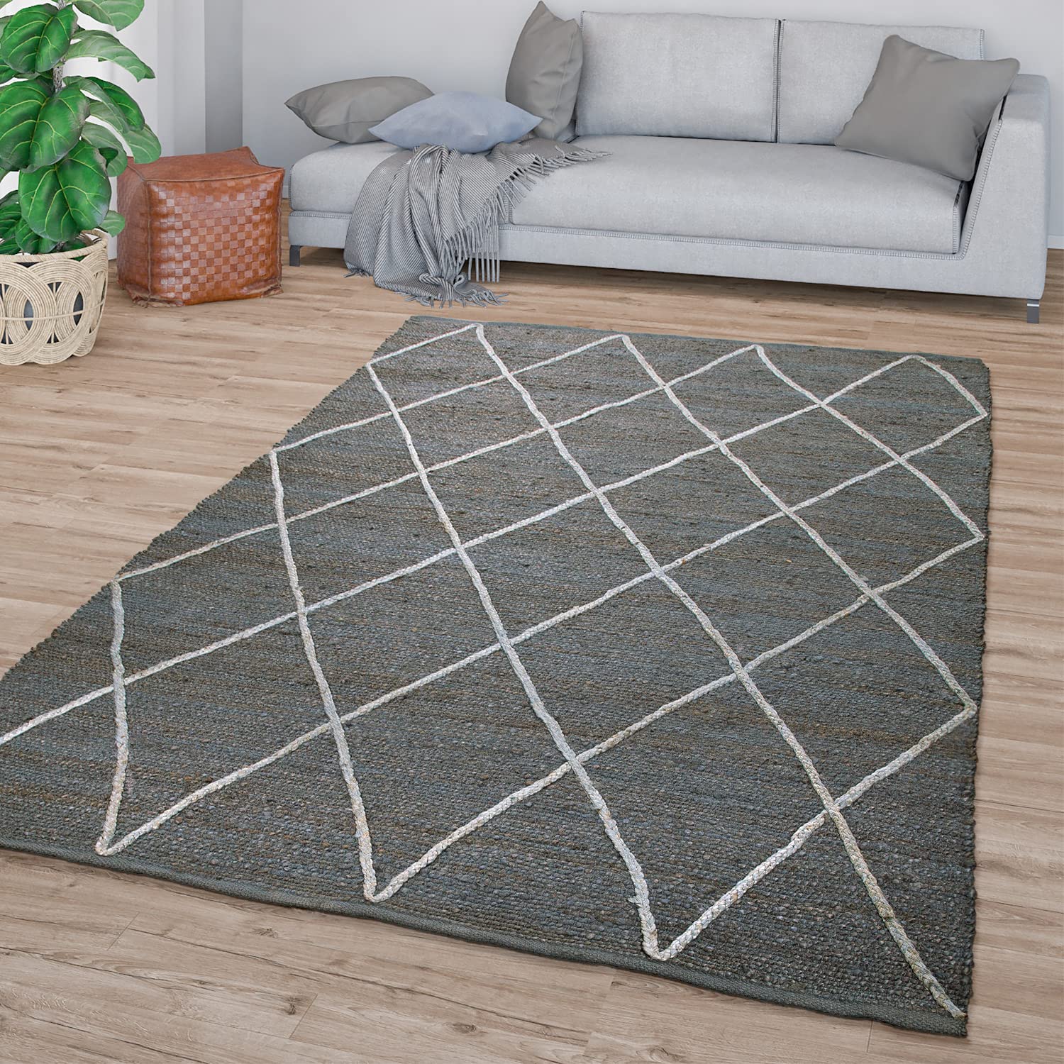 Alfombra Salón Pelo Corto Anudada A Mano Diseño Escandinavo Efecto 3D Moderna, Color: Gris Oscuro, Tamaño:240x340 cm