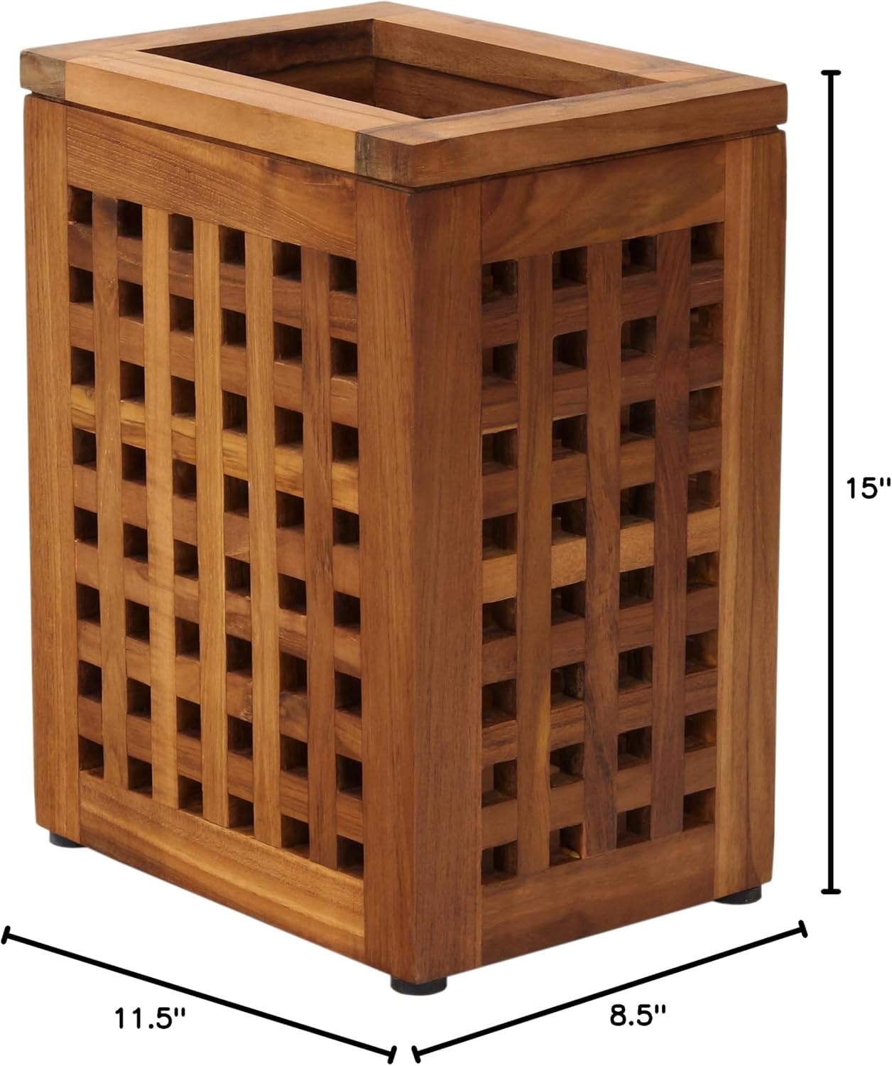 Teak Wood Lattice Waste Basket with Rubber Feet