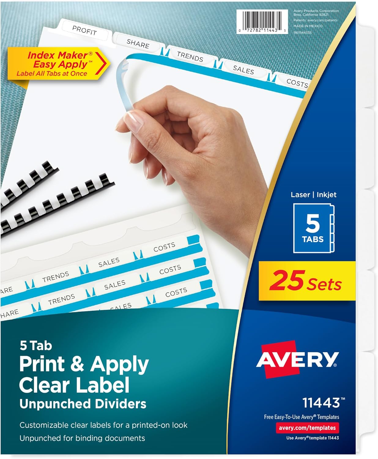 Avery 5 Tab Unpunched Dividers for Use with Any Binding System, Easy Print & Apply Clear Label Strip, Index Maker Customizable White Tabs, 25 Sets (11443)