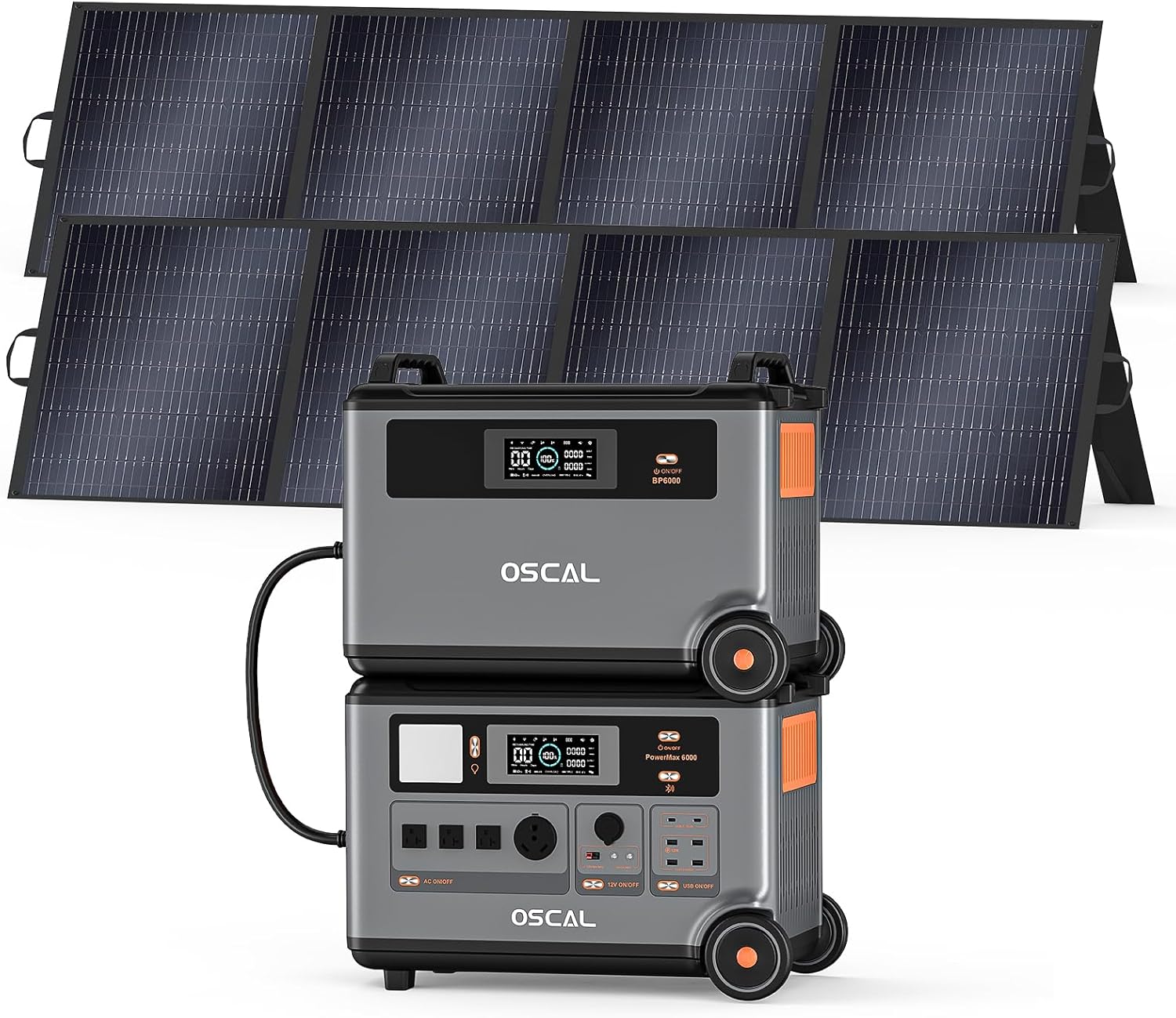 OSCAL 6000W Solar Generator, 7200Wh Power Station with 2x200W Solar Panels, 4 AC Outlets(9000W Surge), 120V/240V Dual Voltage, LiFePO4 Battery for Home Backup Outdoors Camping RV Emergency
