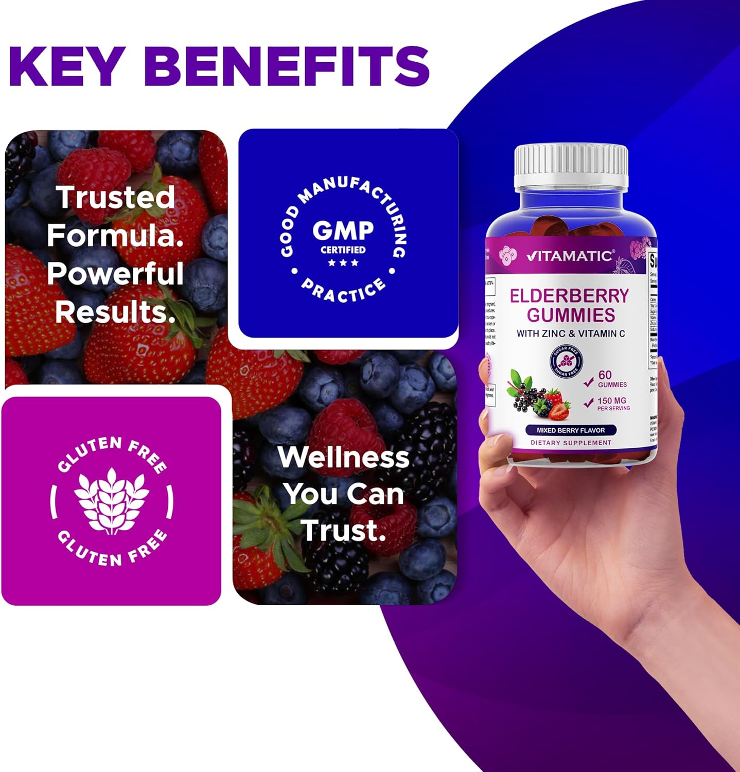 Vitamatic Elderberry Gummies with Vitamin C & Zinc – Immune Support Supplement – Mixed Berry Flavor– 60 Gummies – Made in The USA, Vegan, Non-GMO, Gluten-Free - Image 5