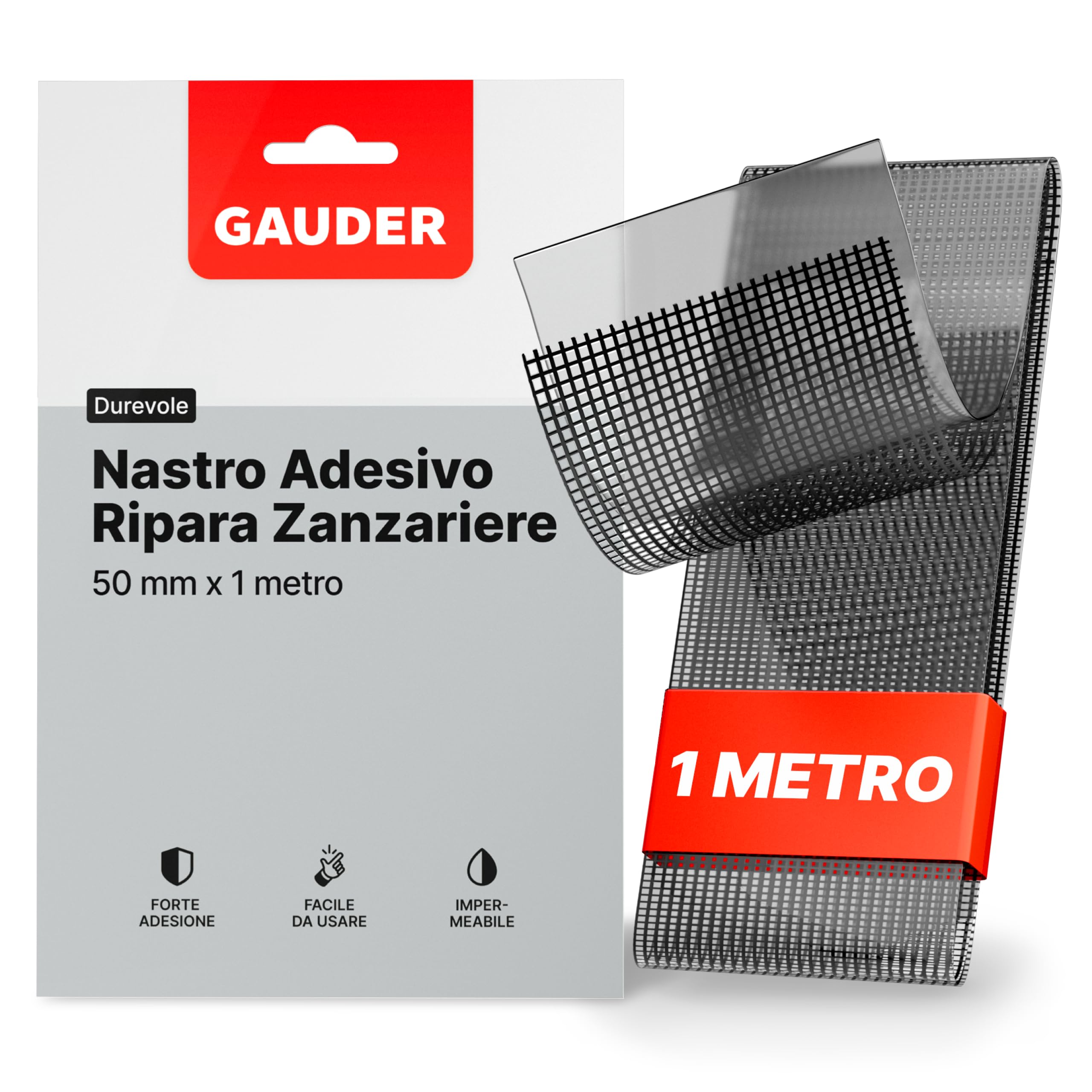 GAUDER Nastro Riparazione Zanzariere - Kit Riparazione Insetti in Fibra di Vetro Autoadesivo - Toppa di Riparazione per Finestra, Porta, Veranda (1 m x 50 mm - nero)