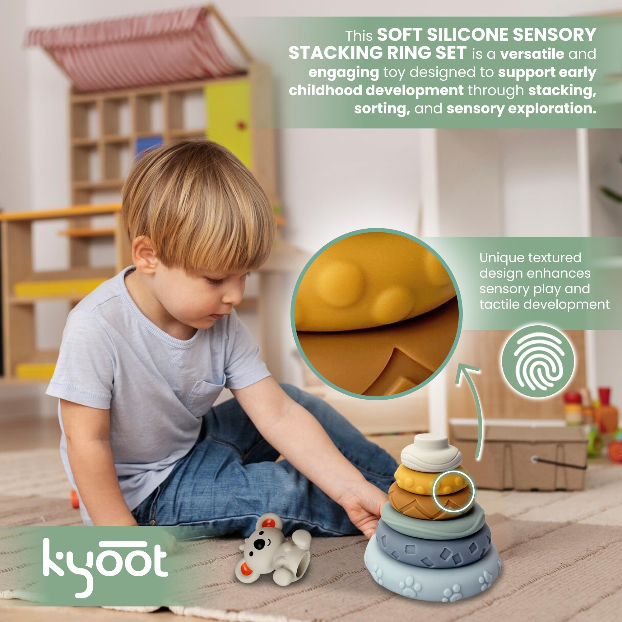 Kyoot Stacks of 7 Circles Silicone Stacking Rings Nesting Stacker Ring Tower BPA-Free Teething Toy Baby Montessori Sensory Early Learning Toys for Babies - Image 4