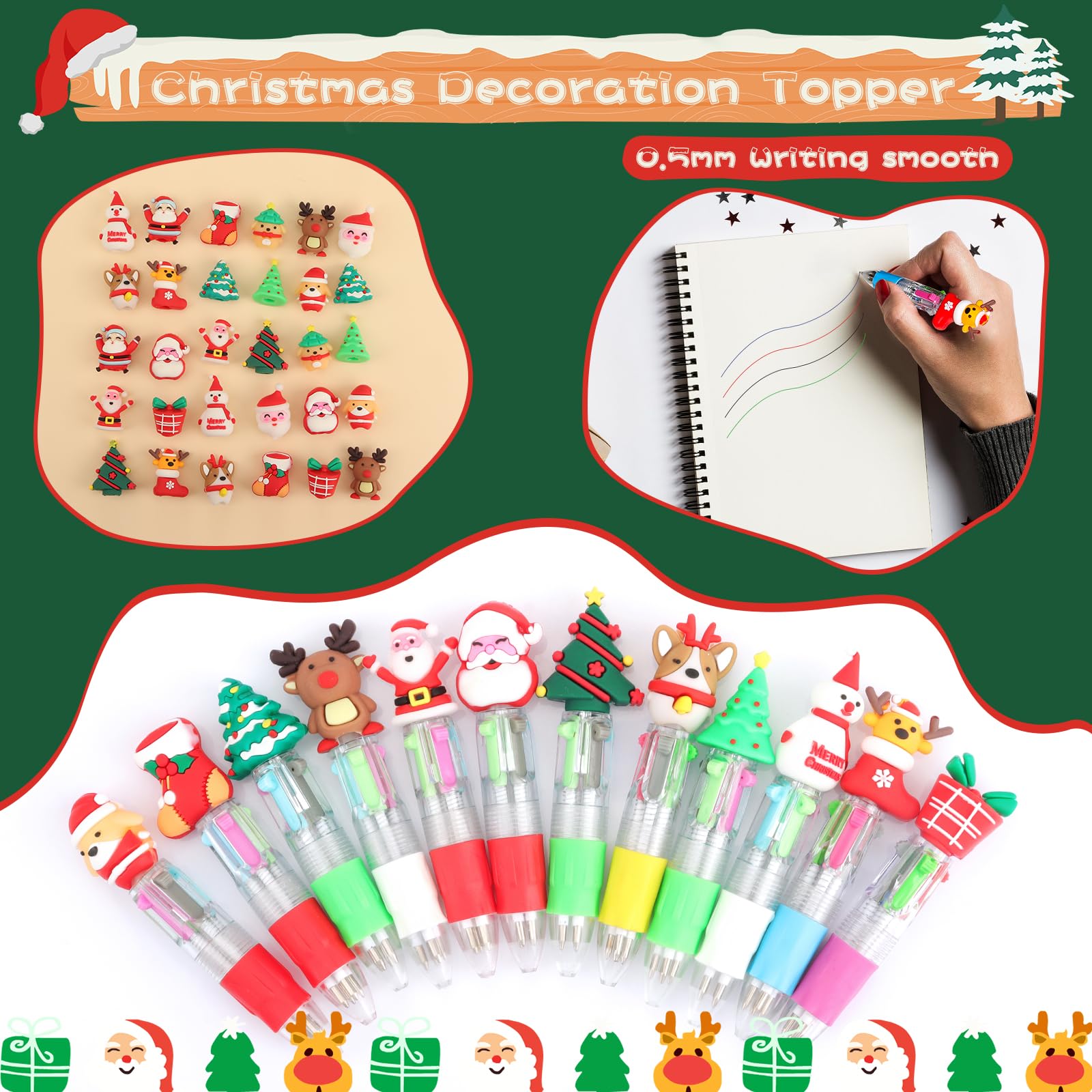 Lot De 30 Stylos Multicolores De Noël - 4 Couleurs, Motifs Père Noël, Sapin - Cadeau Enfant, Décoration Fête