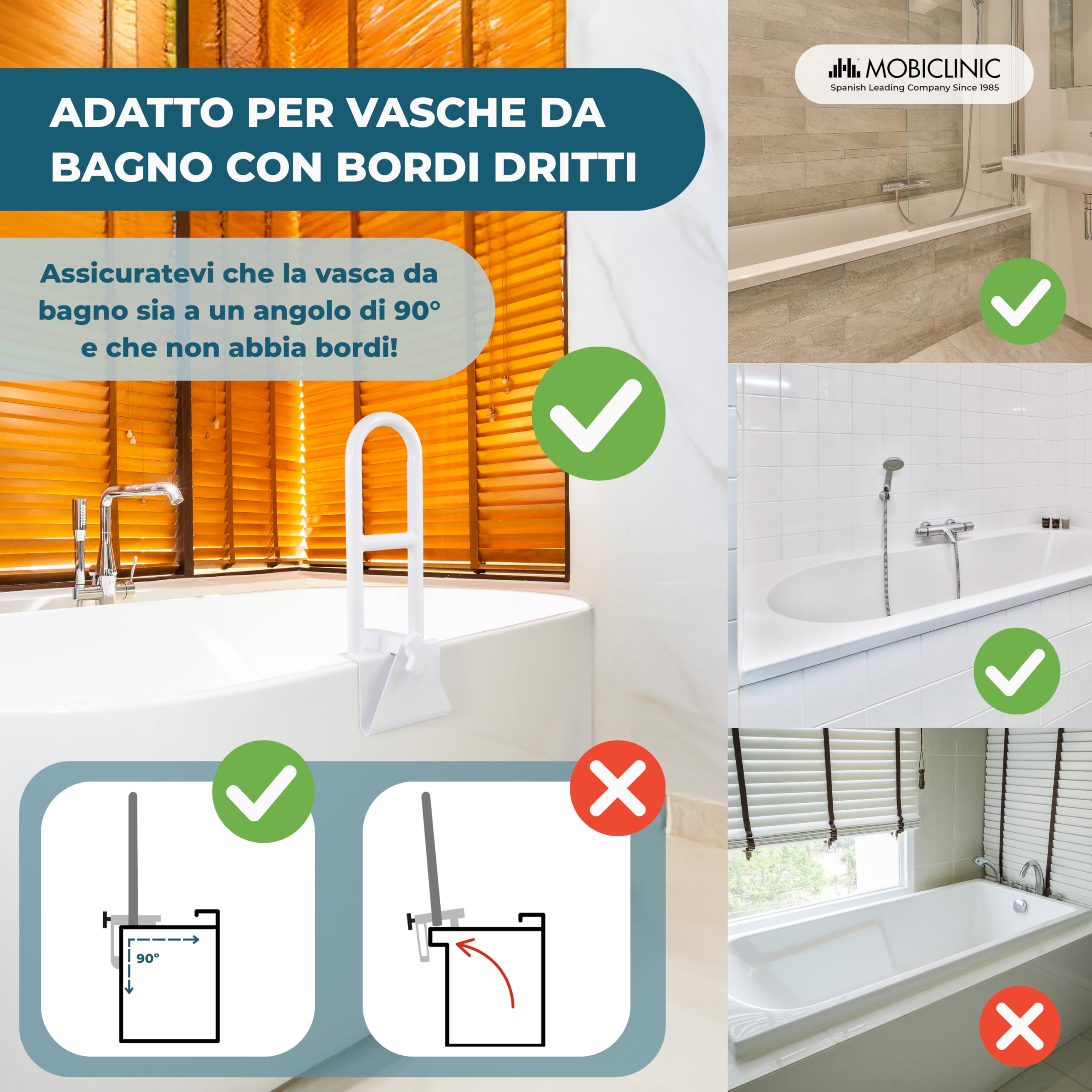 Mobiclinic®, Maniglia Accesso Vasca, Vasche da Bagno con Bordi Lisci (4,5-13,5 cm), Altezza Regolabile, Impugnatura Ergonomica, Max. 100 kg, Uso Clinico e Domestico, Sicuro e Funzionale, Mobibary