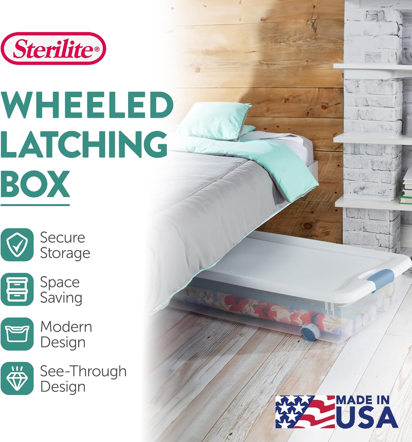 Sterilite 56 Qt Wheeled Latching Storage Box, Stackable Bin with Latch Lid, Plastic Container to Organize Shoes Underbed, Clear with White Lid, 4-Pack