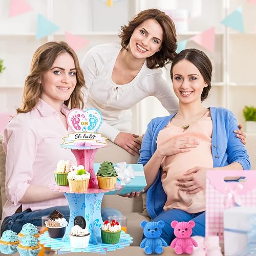 Miniatura 5 de Decoración de soporte para cupcakes para fiesta de revelación de género, azul y rosa de 3 niveles para baby shower, suministros de cartón para niños