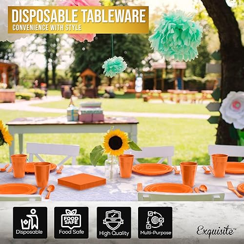 Miniatura 5 de Juego de 350 platos de plástico naranja para fiestas, juego de platos desechables naranjas, 50 de cada juego de platos llanos de 9 pulgadas, platos
