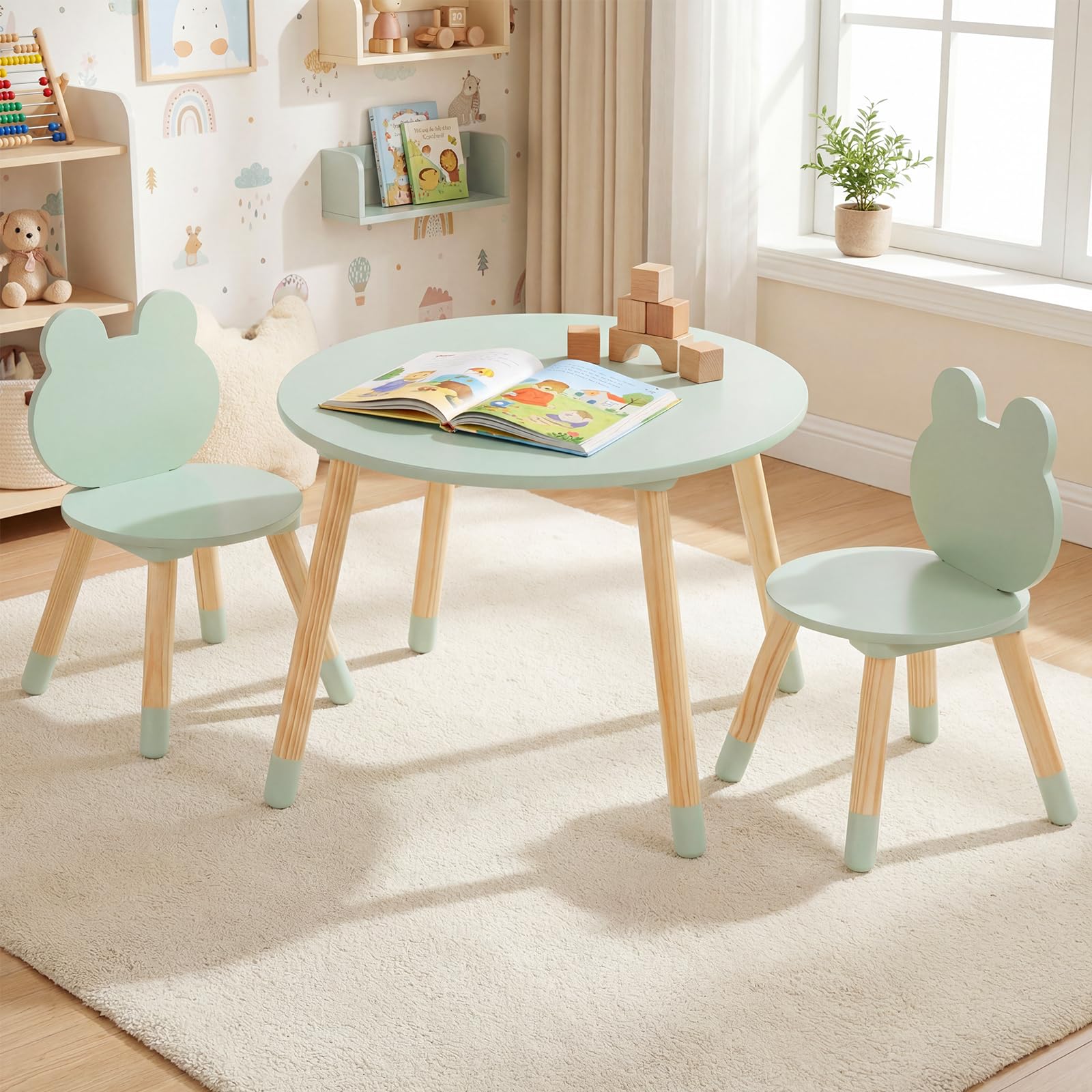 COSTWAY Set Tavolo e Sedie per Bambini, Tavolino e 2 Sedie a Forma di Rana con Gambe in Legno e Angoli Arrotondati, Set Mobili Salvaspazio per Bambini 3+ Anni per Cameretta Ragazzi (Verde)