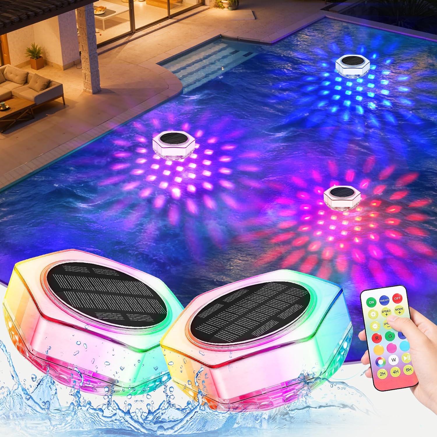 Solar Floating Pool Lights: Solar Pool Lights That Float with Remote, 7 Lighting, RGB 6 Dynamic Modes, IP68 Waterproof Swimming Pool Lights for Inground Pool Bathtub Party Garden Weeding (2 Pack)