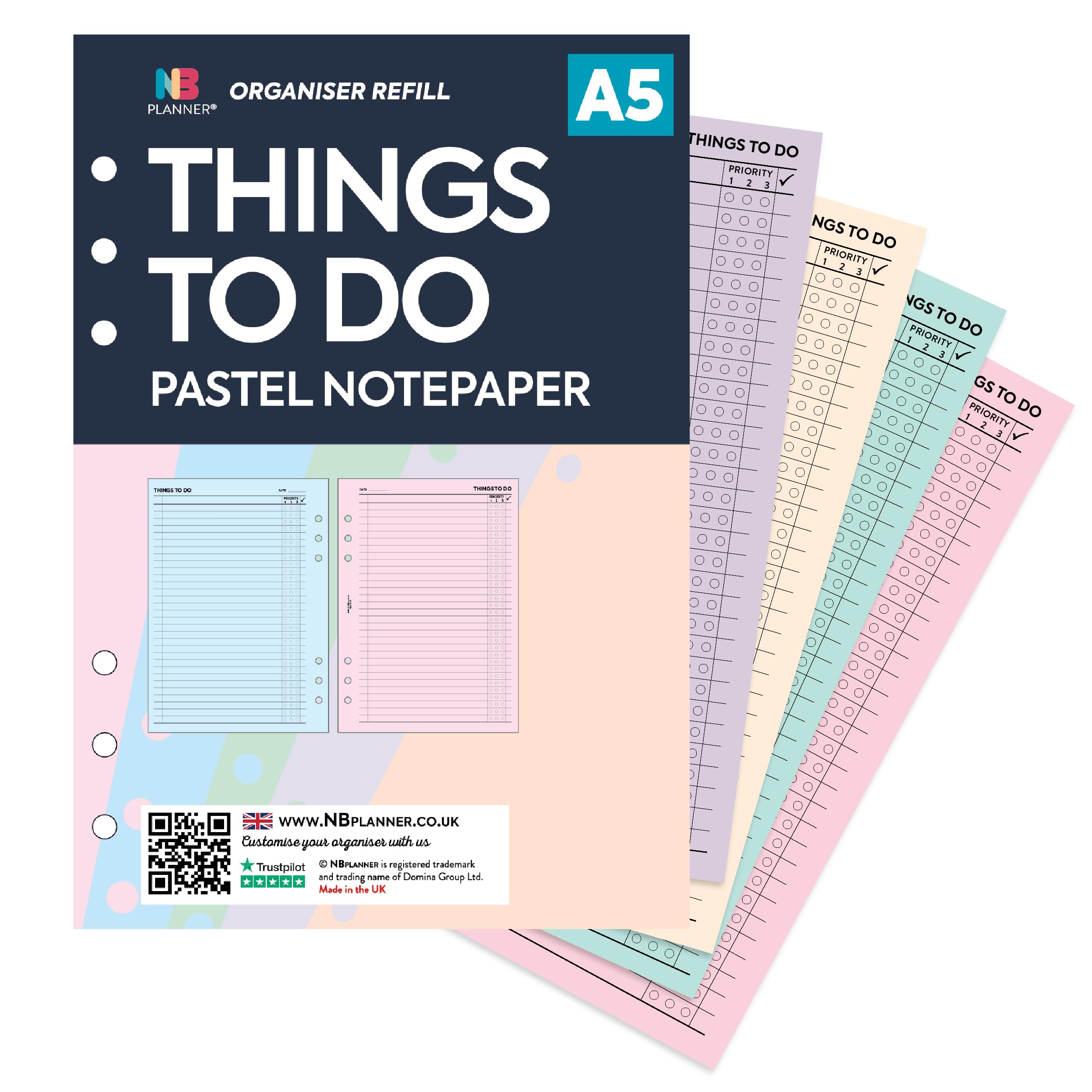 A5 size Things to do pastel notepaper 6-ring organiser refill insert | 50 sheets | Compatible with Filofax A5 6-ring organisers | 148 x 210mm