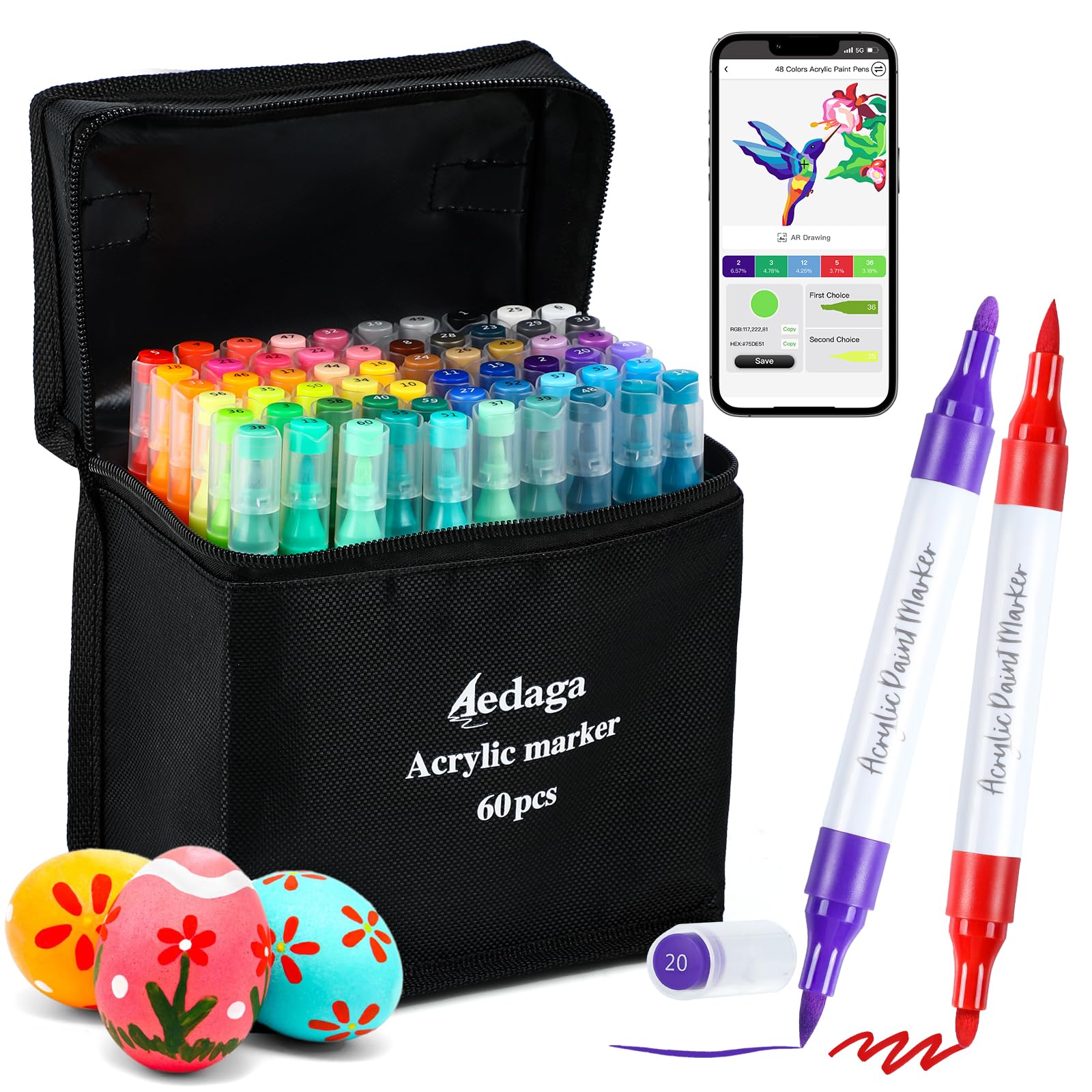 YHC 60 Colors Acrylic Paint Pens with Free App, Dual Tip Acrylic Paint Markers with Brush Tip and Fine Tip for Adults, Kids, Eggs, Wood, Rock, Canvas, Plastic, Stone, Glass, Ceramic
