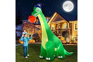 133FT Giant Halloween Bluey Inflatable Dinosaur Decorations, Bite Large Pumpkin with Witch...