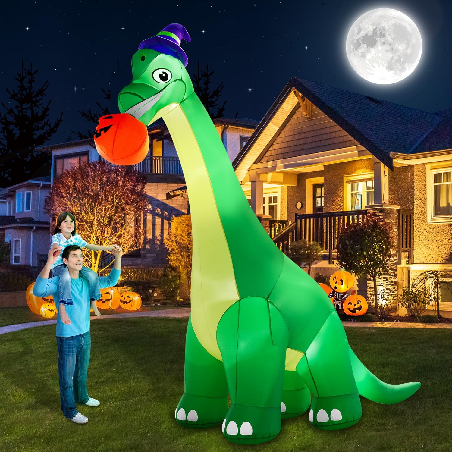 13Ft Halloween Dinosaur Inflatable with LED, Witch Hat, Pumpkin, Outdoor Yard Decoration