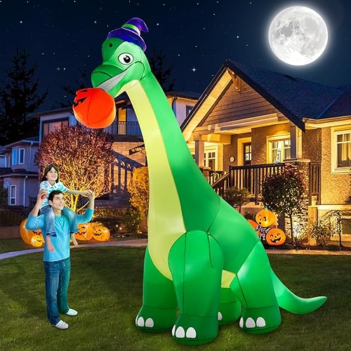 Decoraciones inflables gigantes de Halloween de 13 pies, dinosaurio con gran calabaza que muerde con sombrero de bruja, luz LED incorporada,
